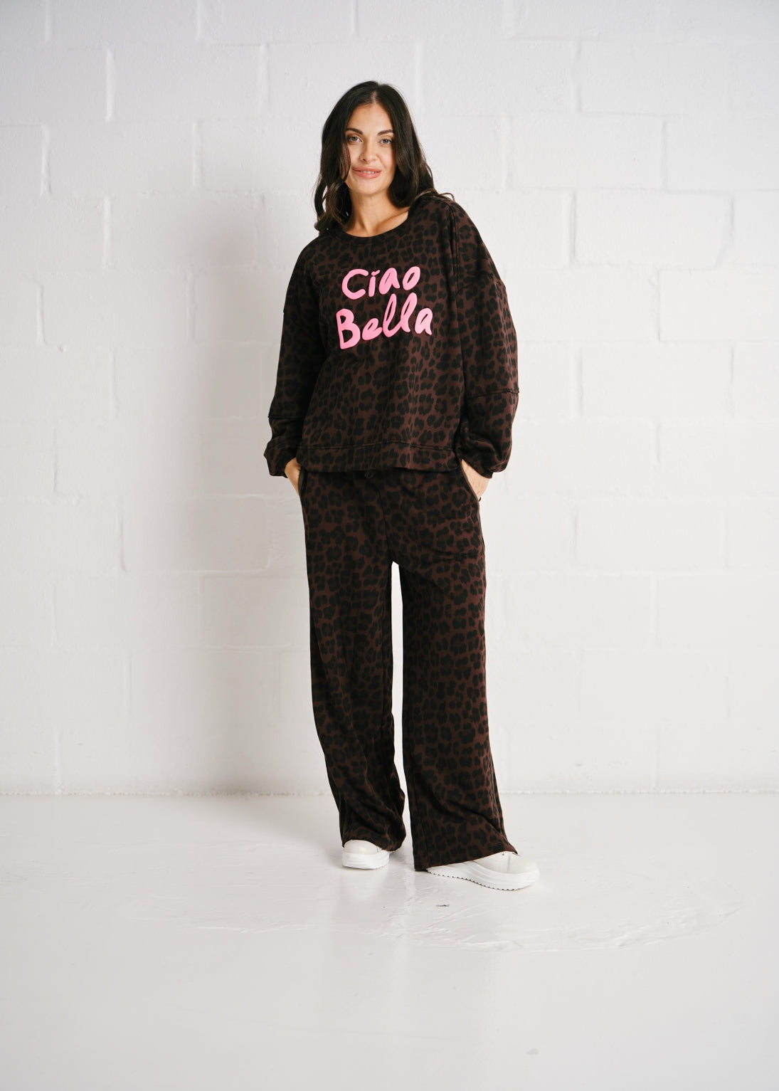 Ravenna Leopard Wide Leg Side Stripe Pants In Chocolate Brown