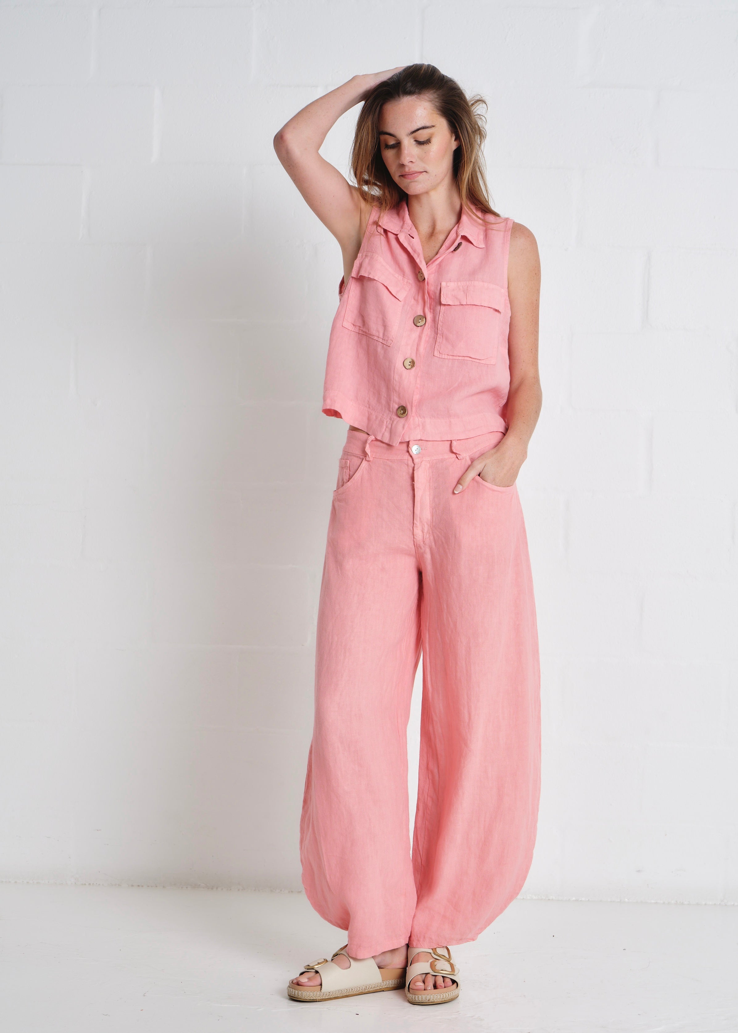 Positano Linen Sleeveless Waistcoat In Guava Pink