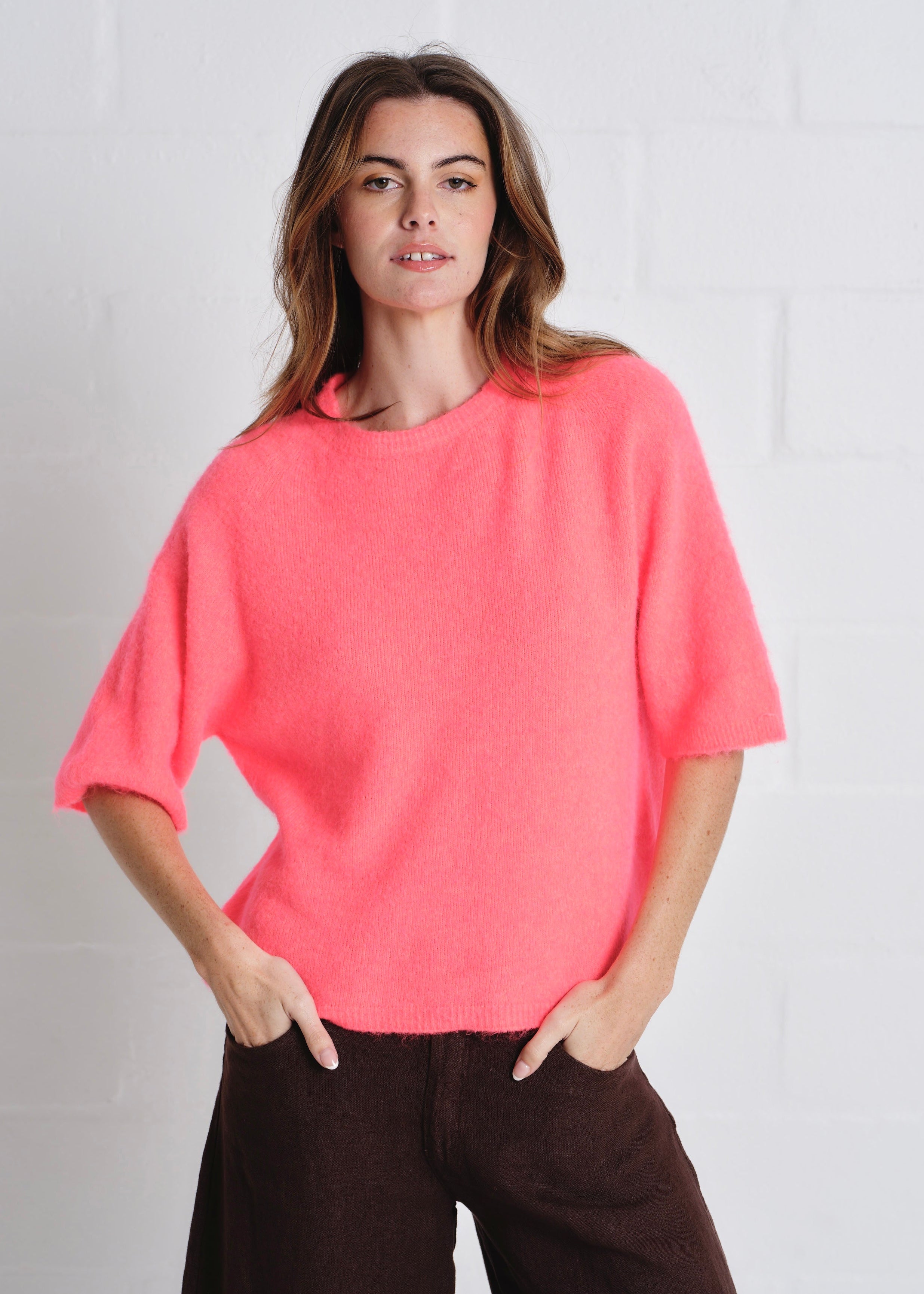 Chamonix SS Round Neck Alpaca Knit In Coral