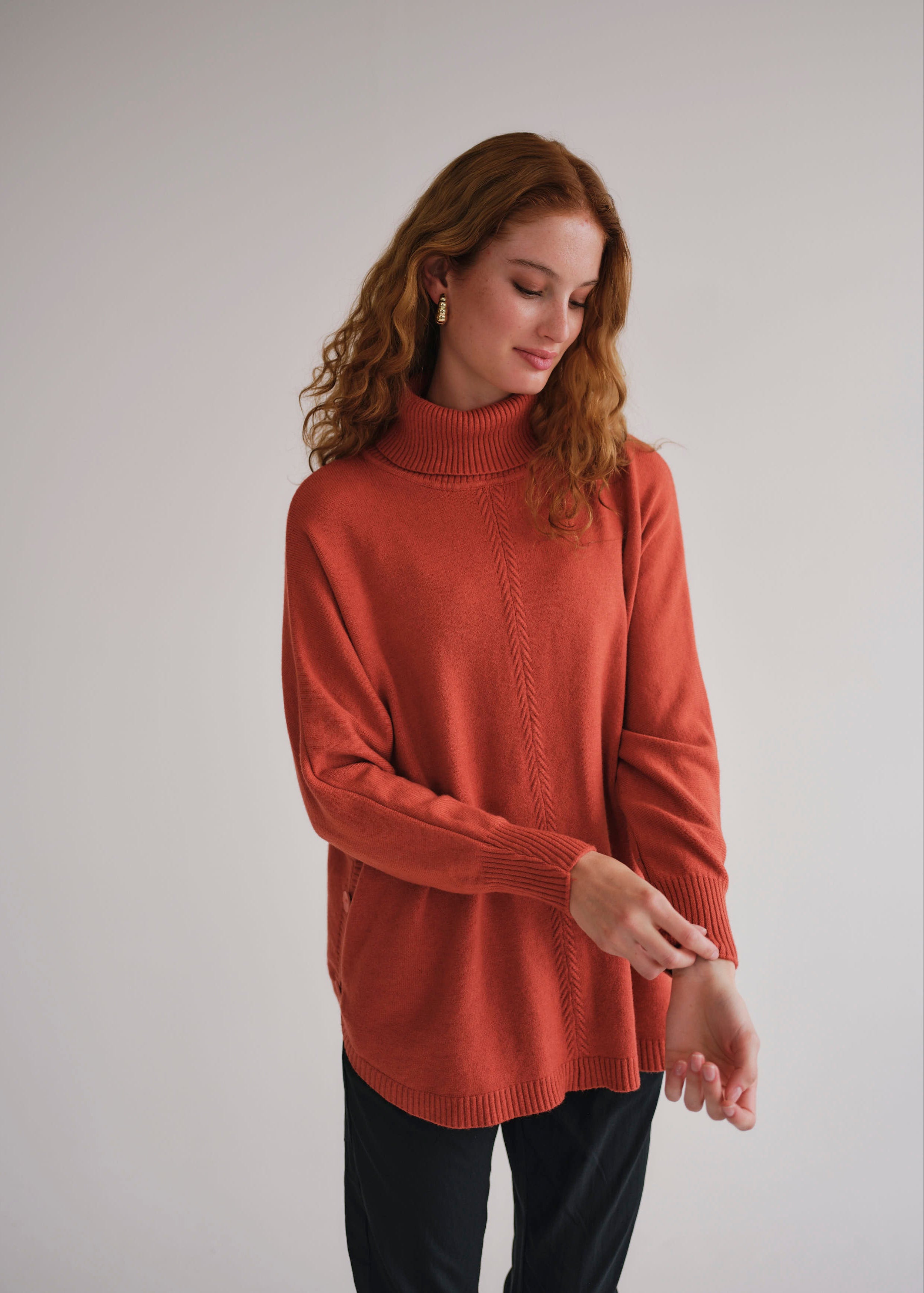 Audrey Knitted Italian Viscose Tunic with Side Buttons in Rust