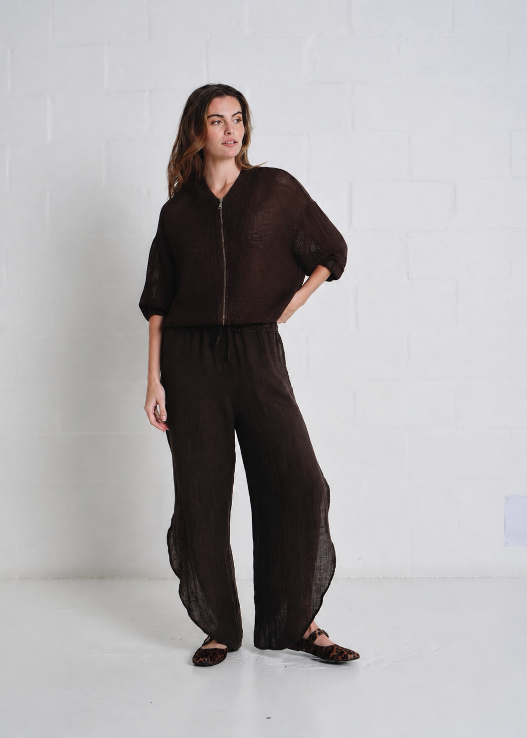 Saint Tropez Crochet Zip Up Jacket In Chocolate