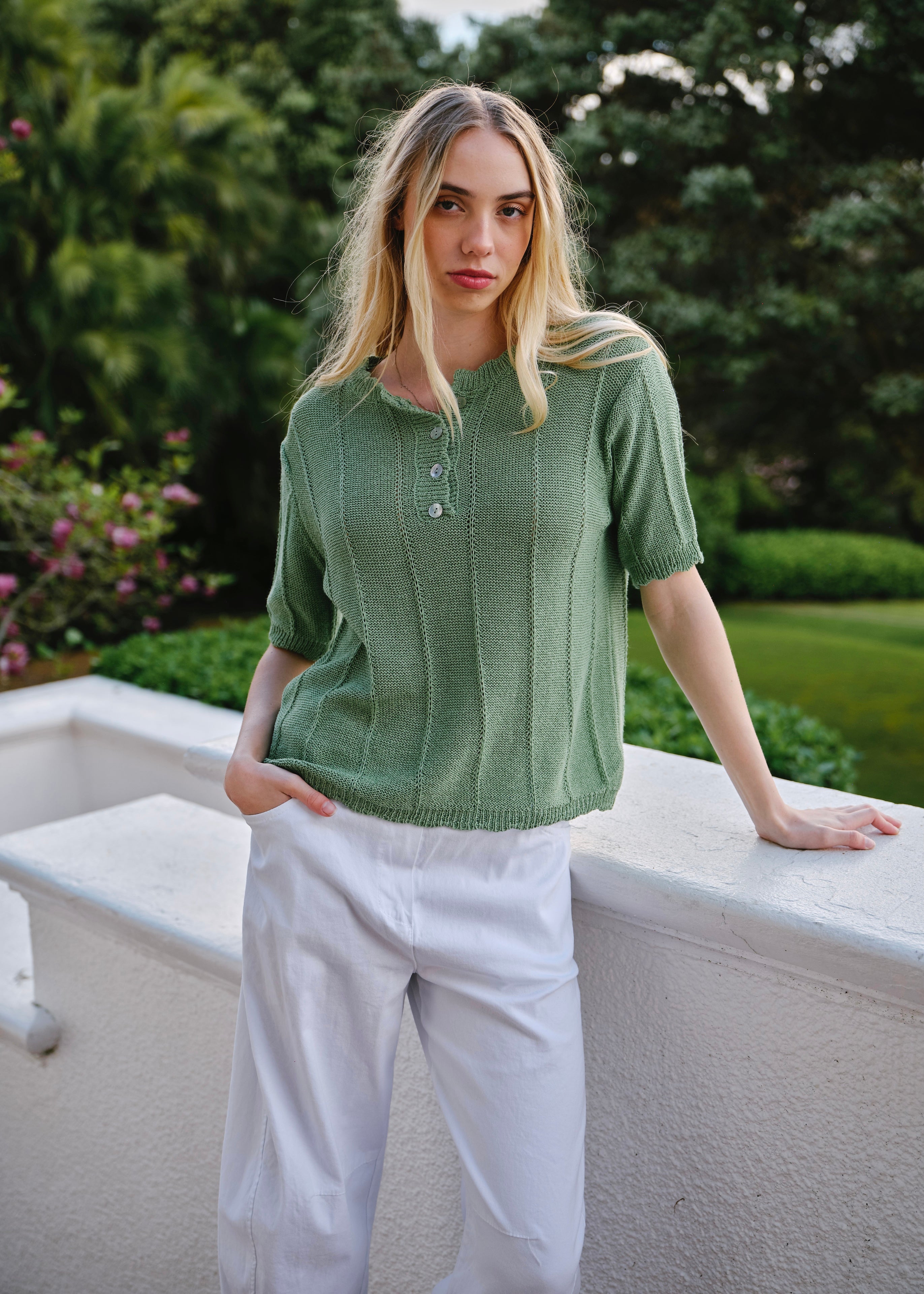 Mila Italian Loose Weave Knit Cotton Tee In Green