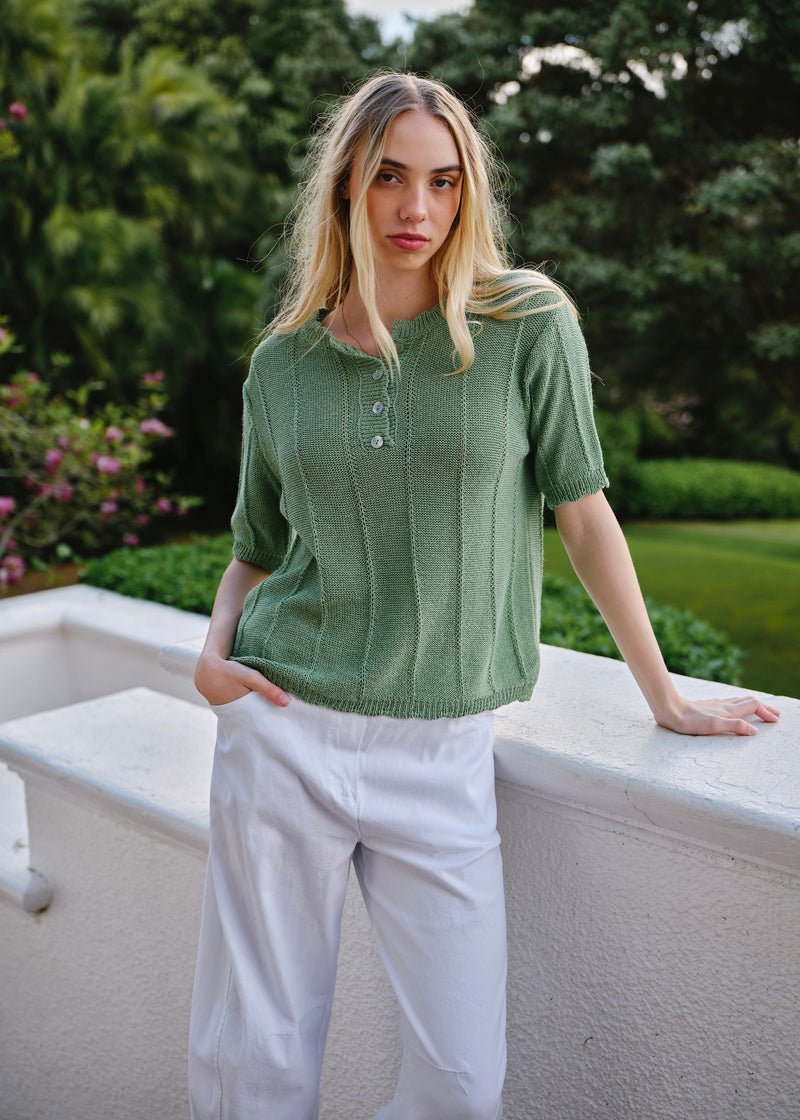 Mila Italian Loose Weave Knit Cotton Tee In Green