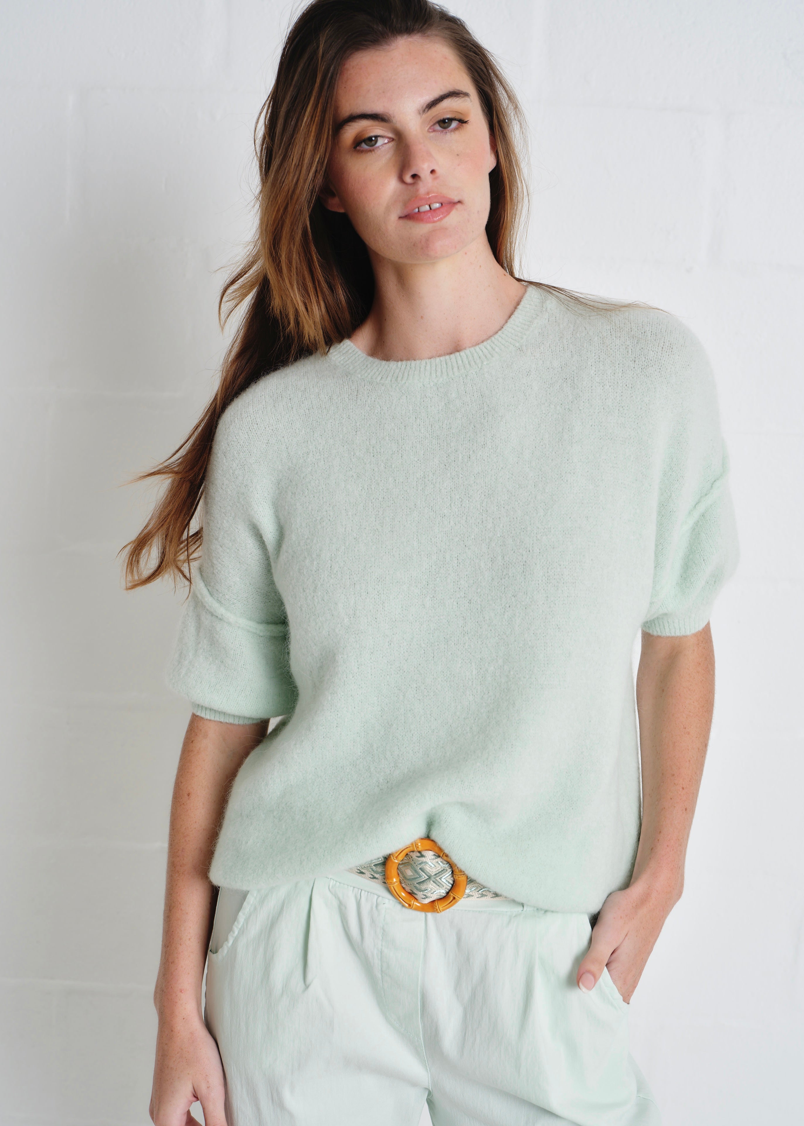 Dolly SS Round Neck Knit In Mint