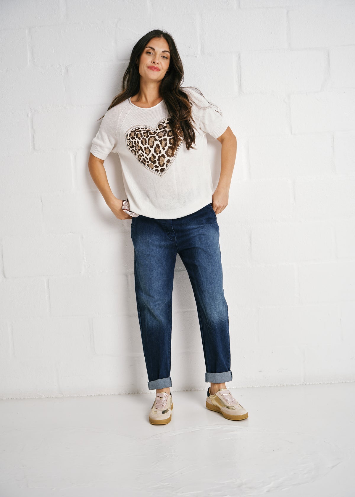 Bellagio Italian Leopard Heart Knit Top In White