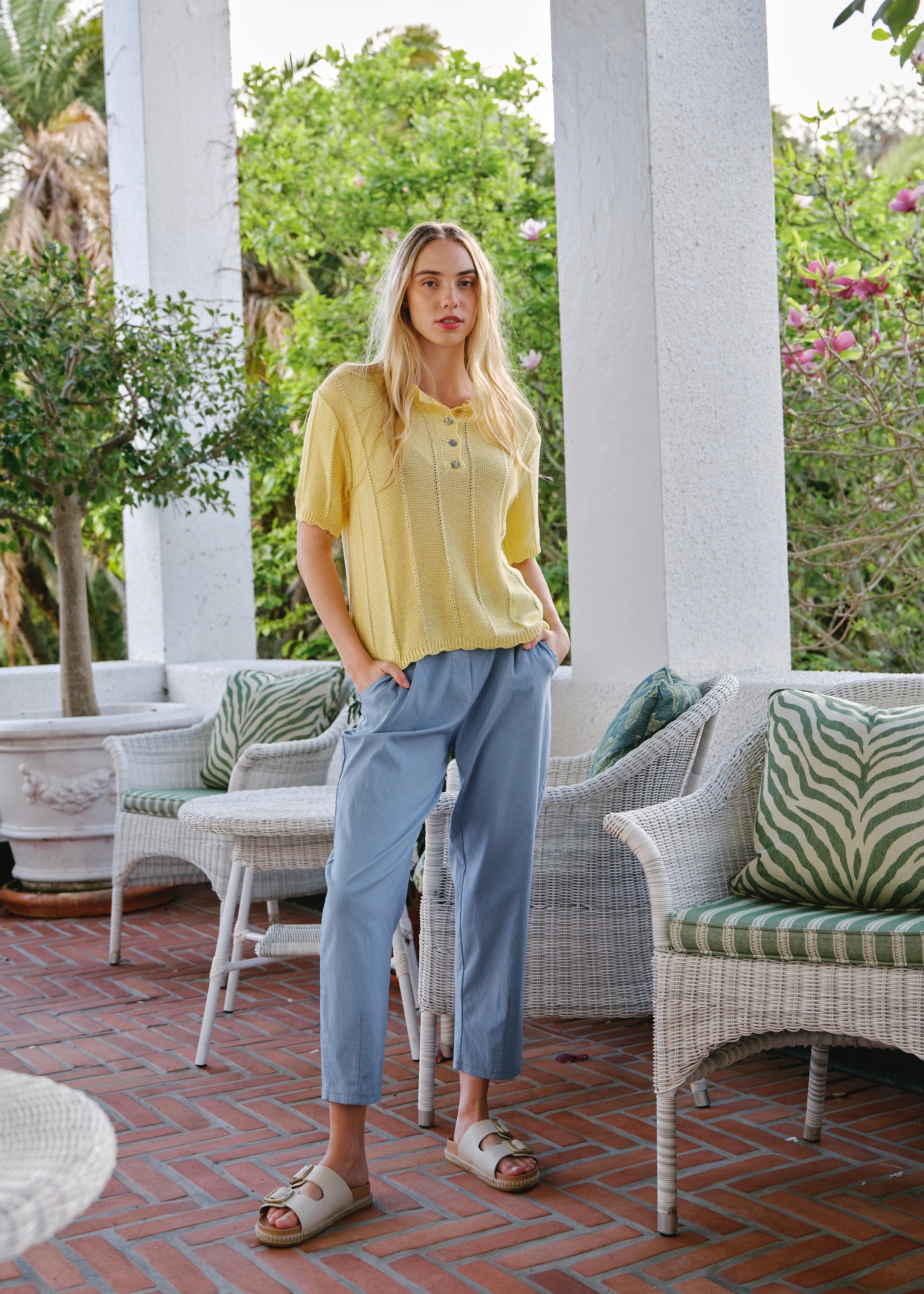 Mila Italian Loose Weave Knit Cotton Tee In Yellow