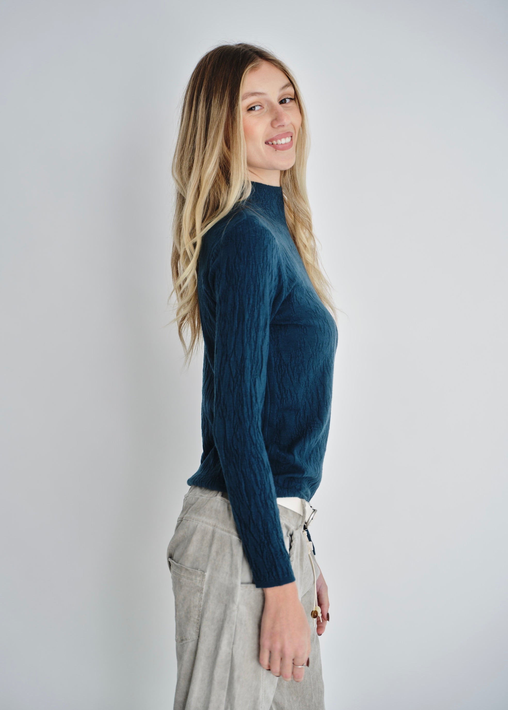 The Essential Teal Embossed Turtleneck Knit