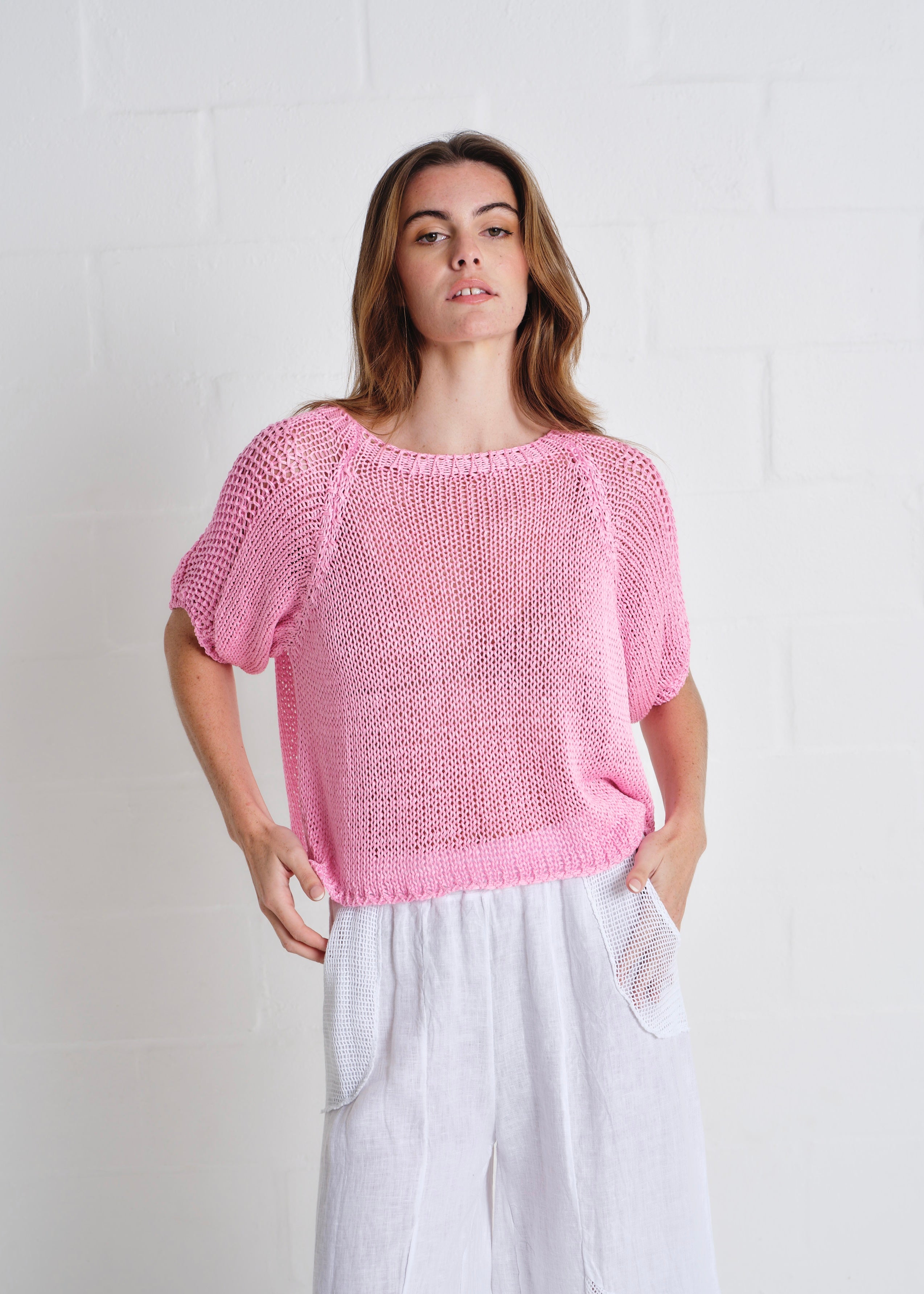 Sayulita Boatneck Crochet Top In Baby Pink
