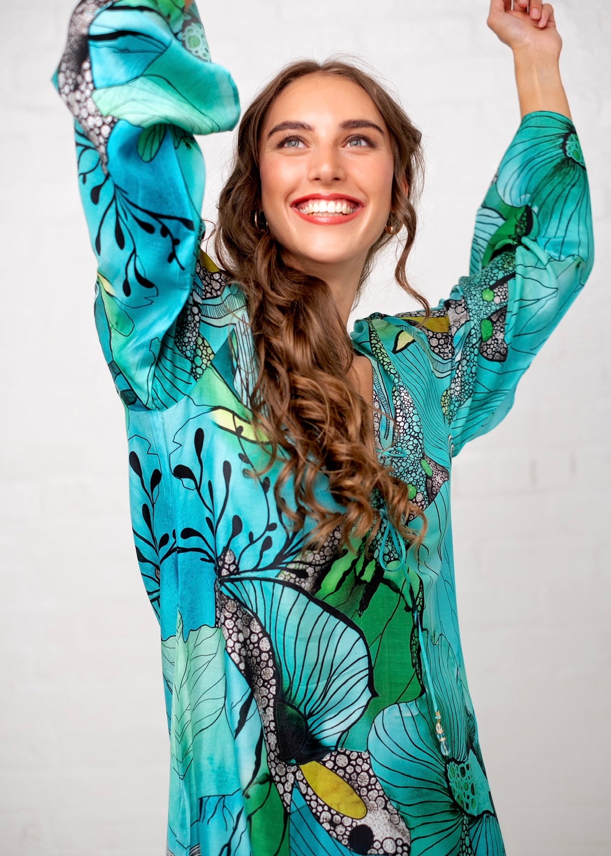Lanira Dress in Green and Turquoise Flower Print