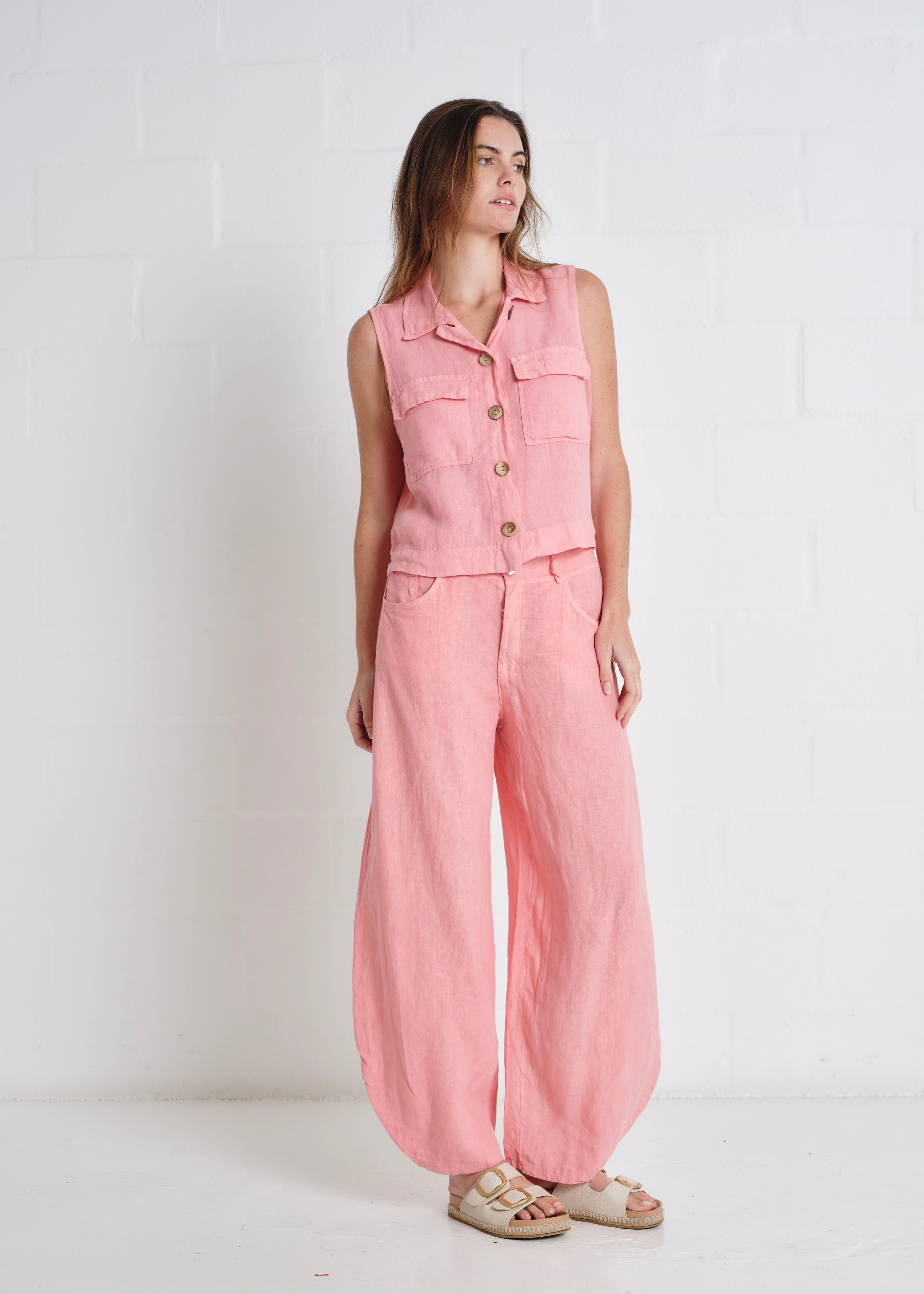 Positano Linen Sleeveless Waistcoat In Guava Pink