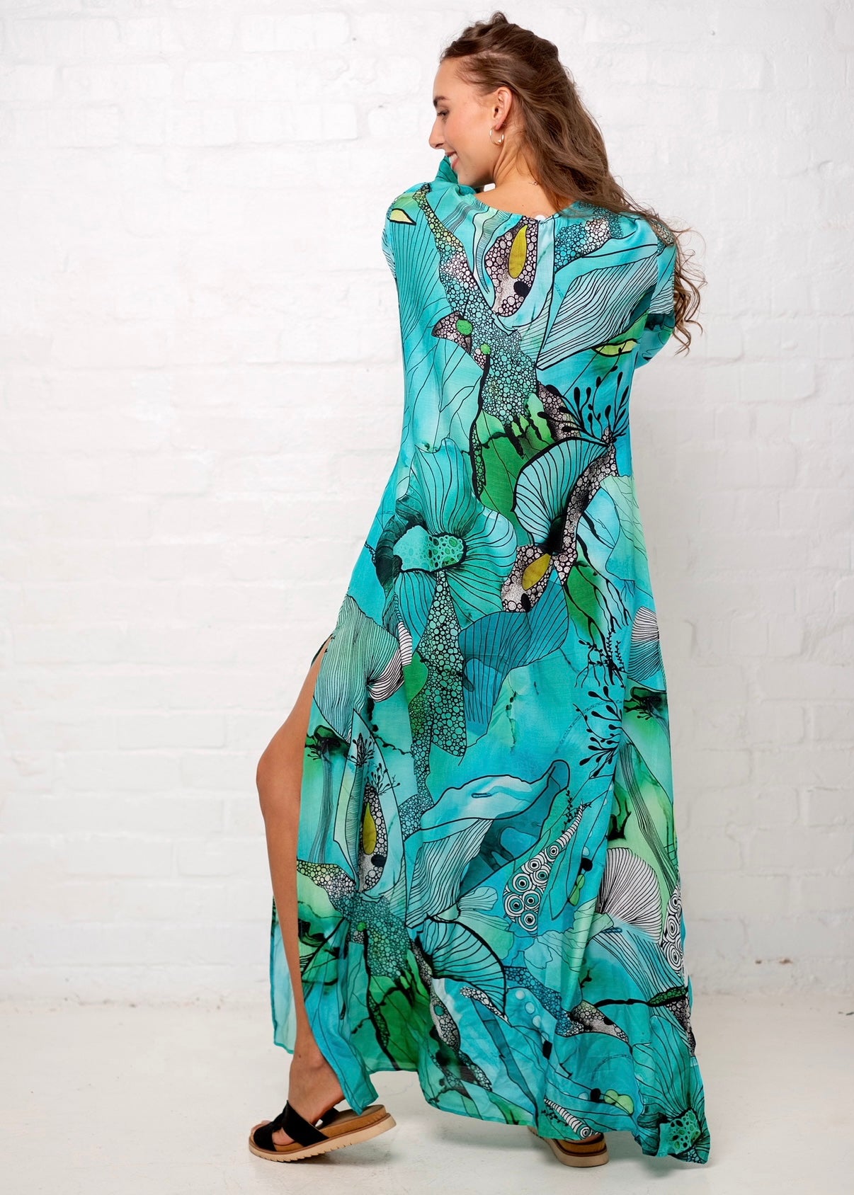 Lanira Dress in Green and Turquoise Flower Print