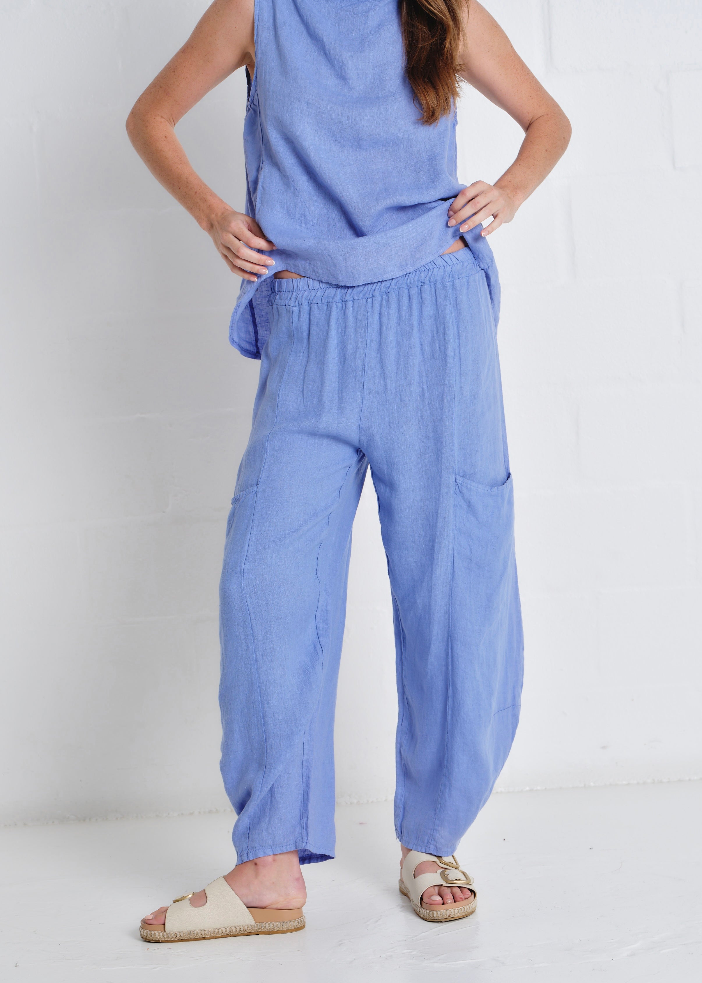 Antibes Italian Linen Barrel Pants in Blue