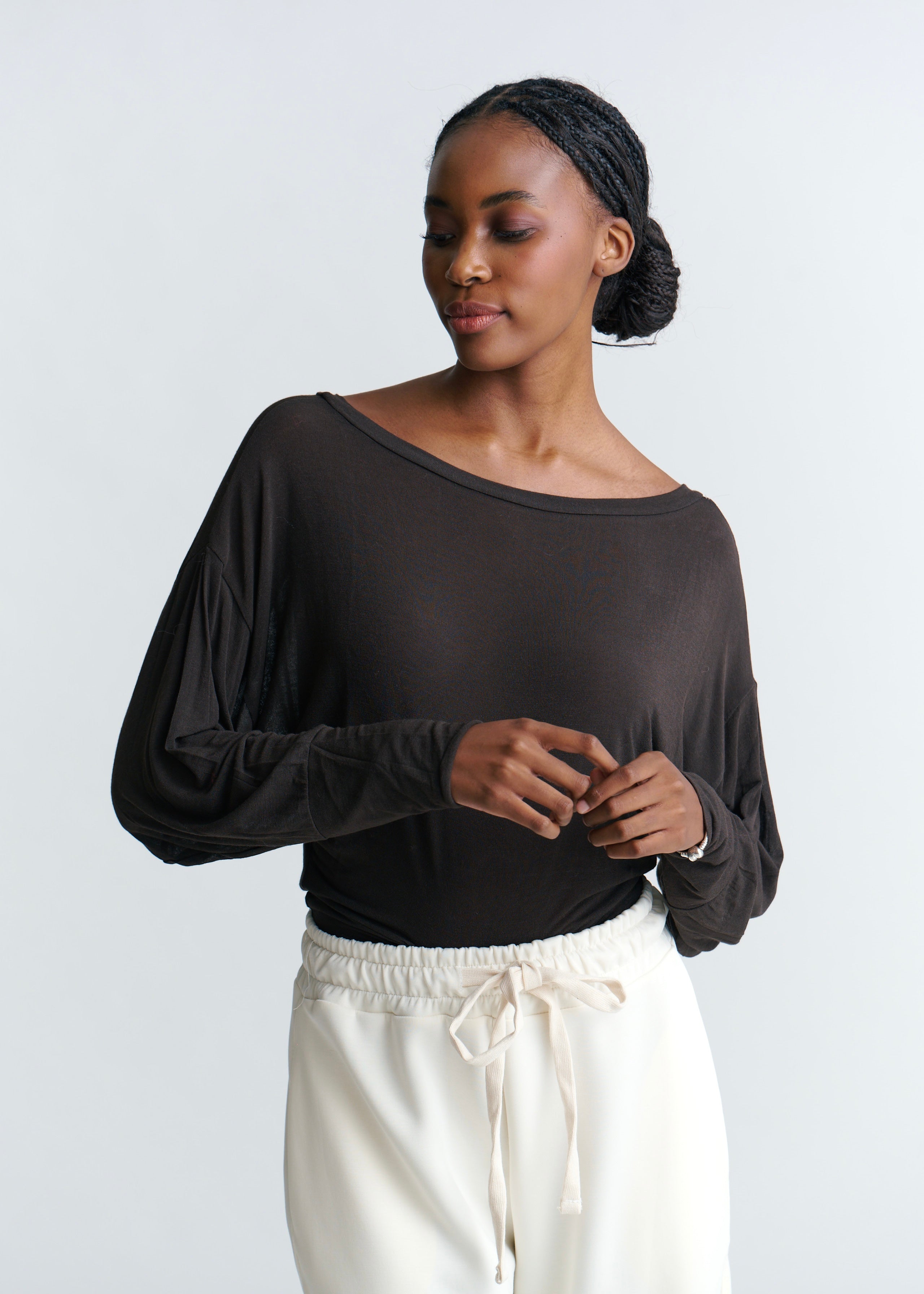 Italian Sheer Drape Dolman Top In Chocolate