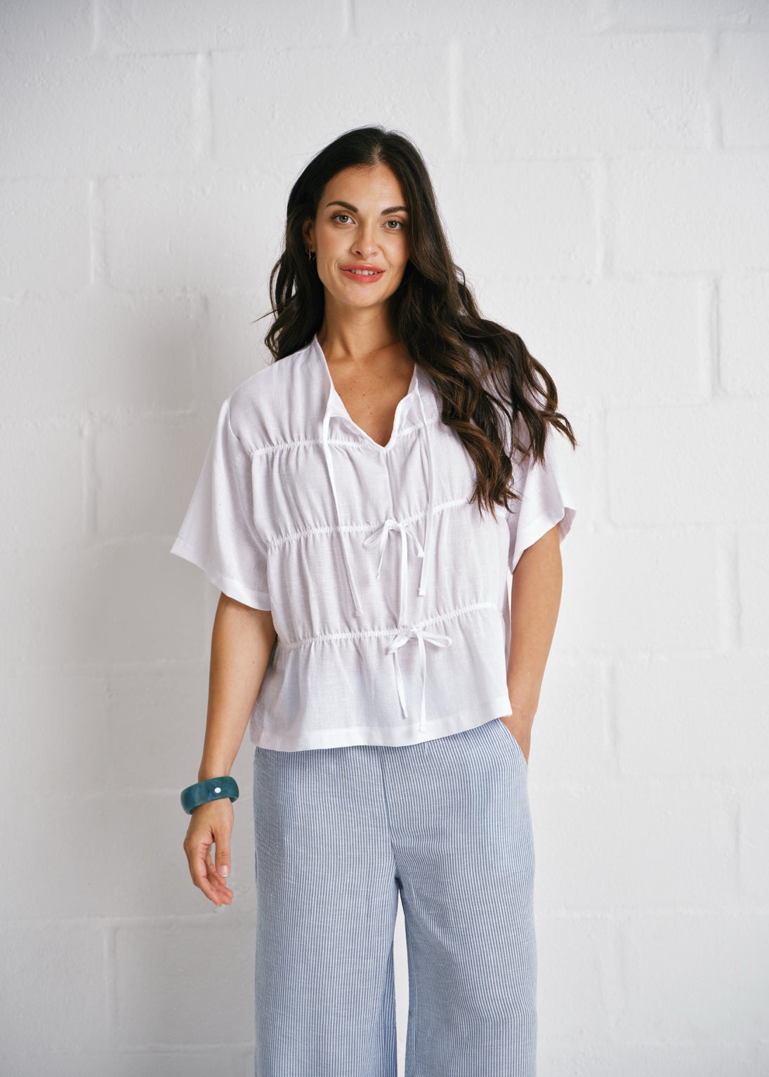 Tiered Tie-Front Linen Blend Top In White