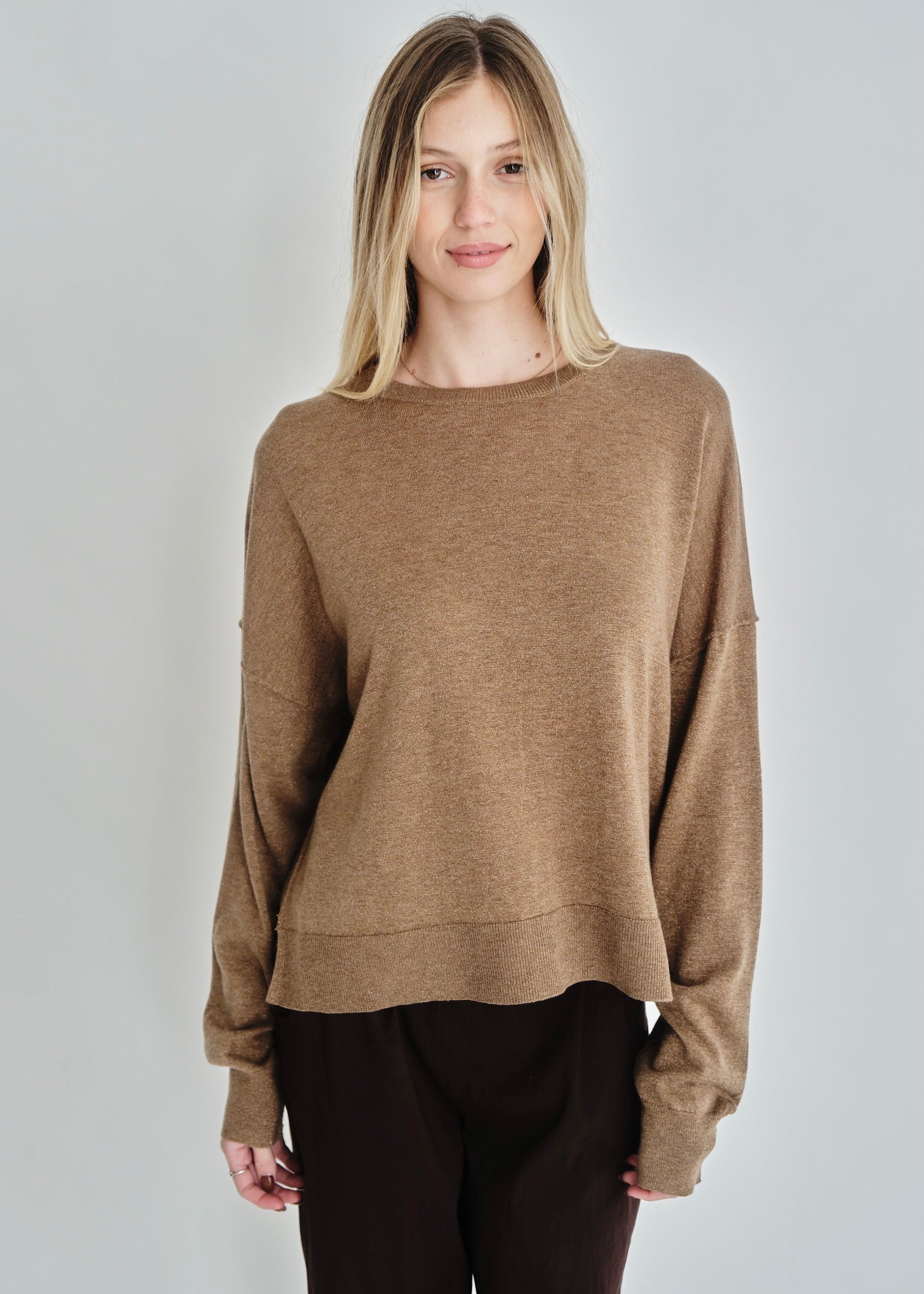 Classic Lurex Crew Neck Knit In Caramel