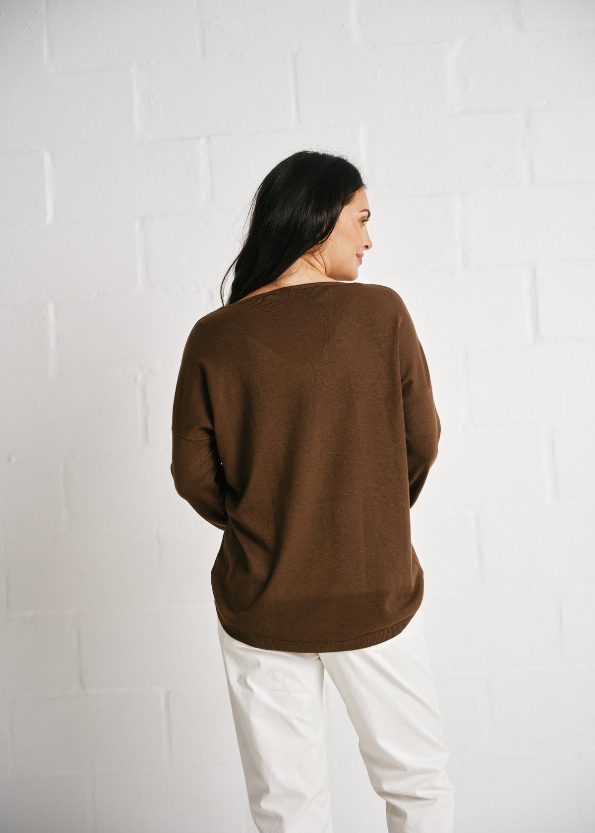 Oversized V Neck Knit, Diamanté Heart In Coffee