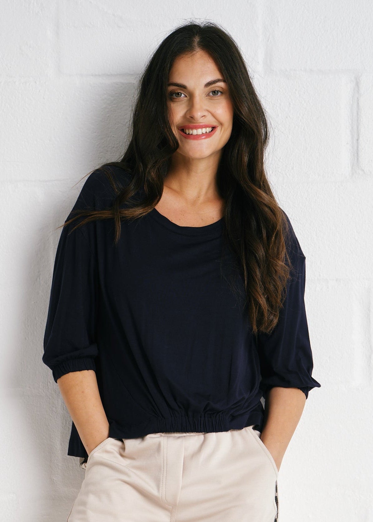 Verona Gathered Waist Tee In Navy