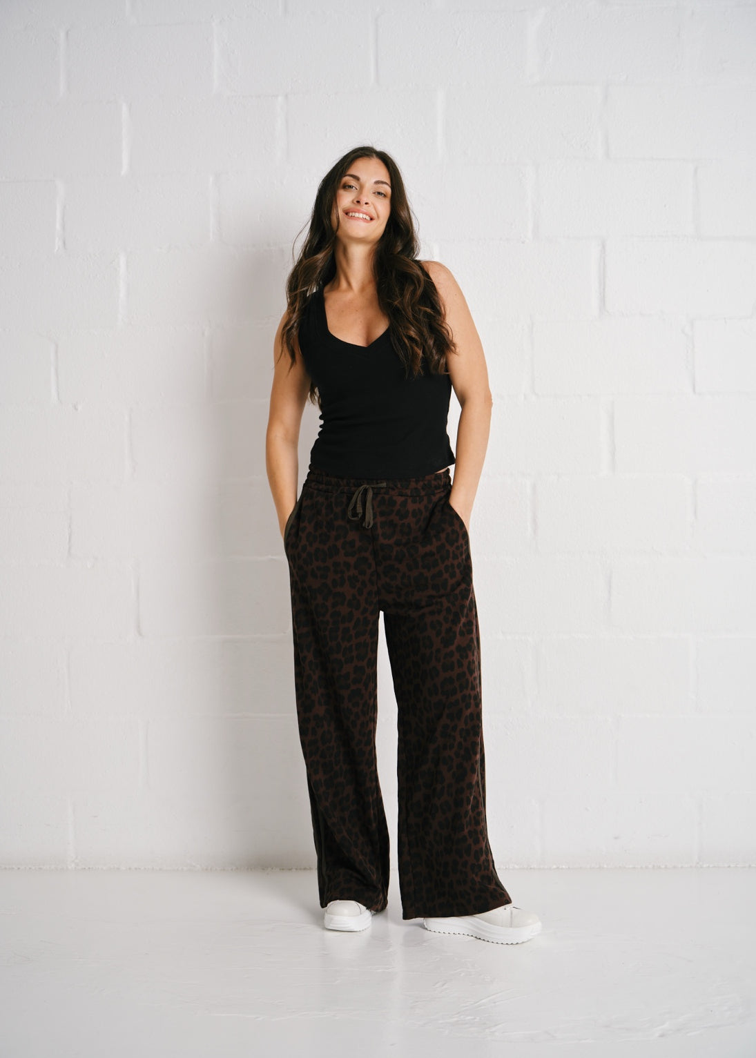Ravenna Leopard Wide Leg Side Stripe Pants In Chocolate Brown