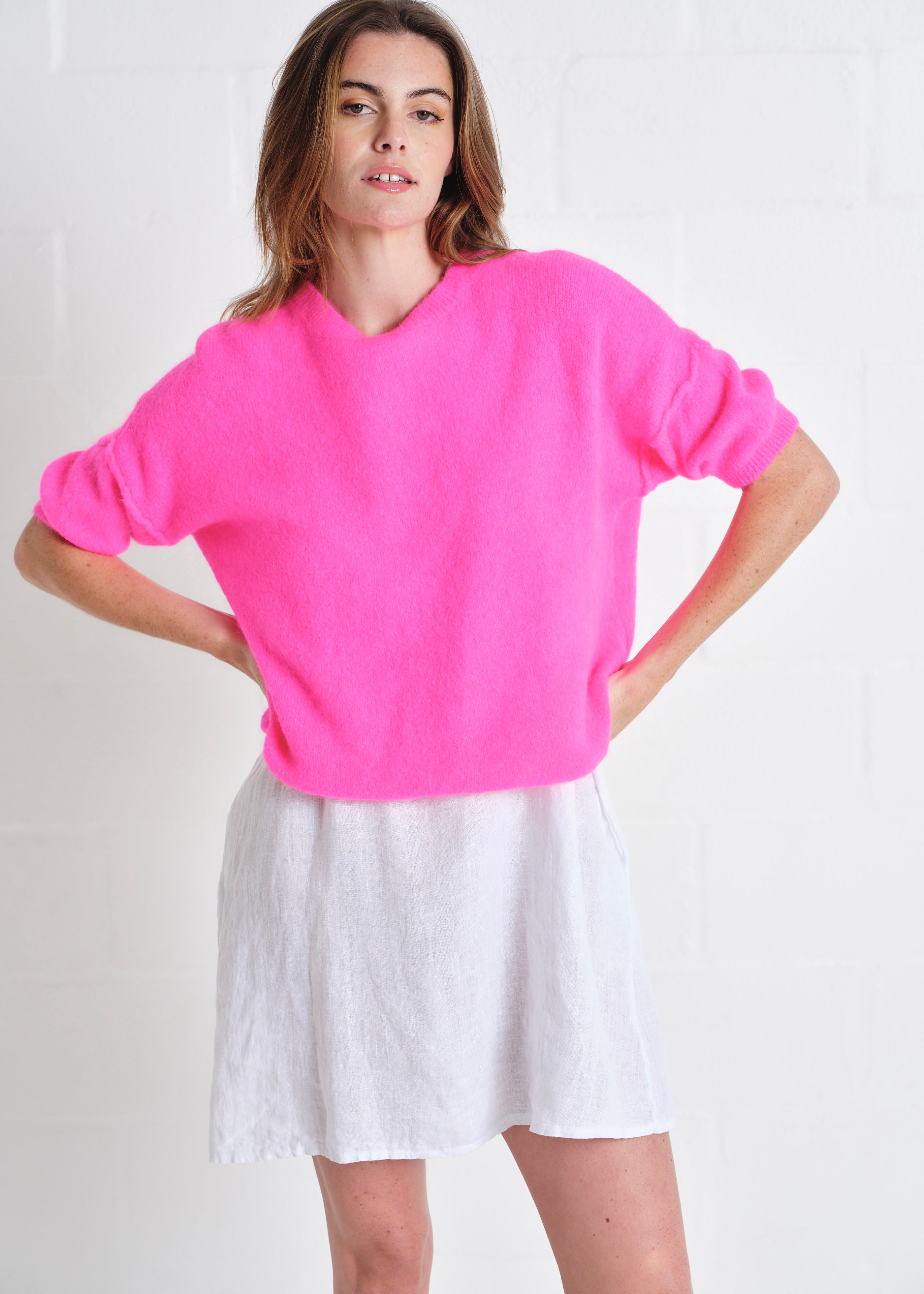 Dolly SS Round Neck Knit In Luminous Pink