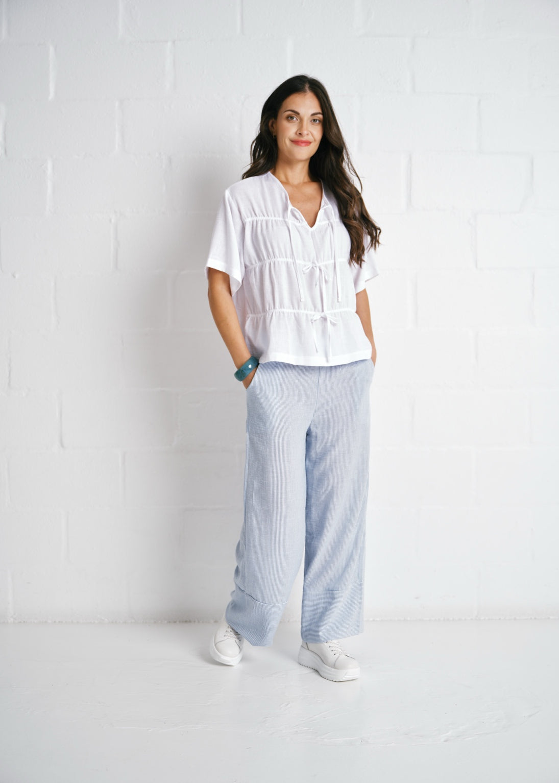 Tiered Tie-Front Linen Blend Top In White