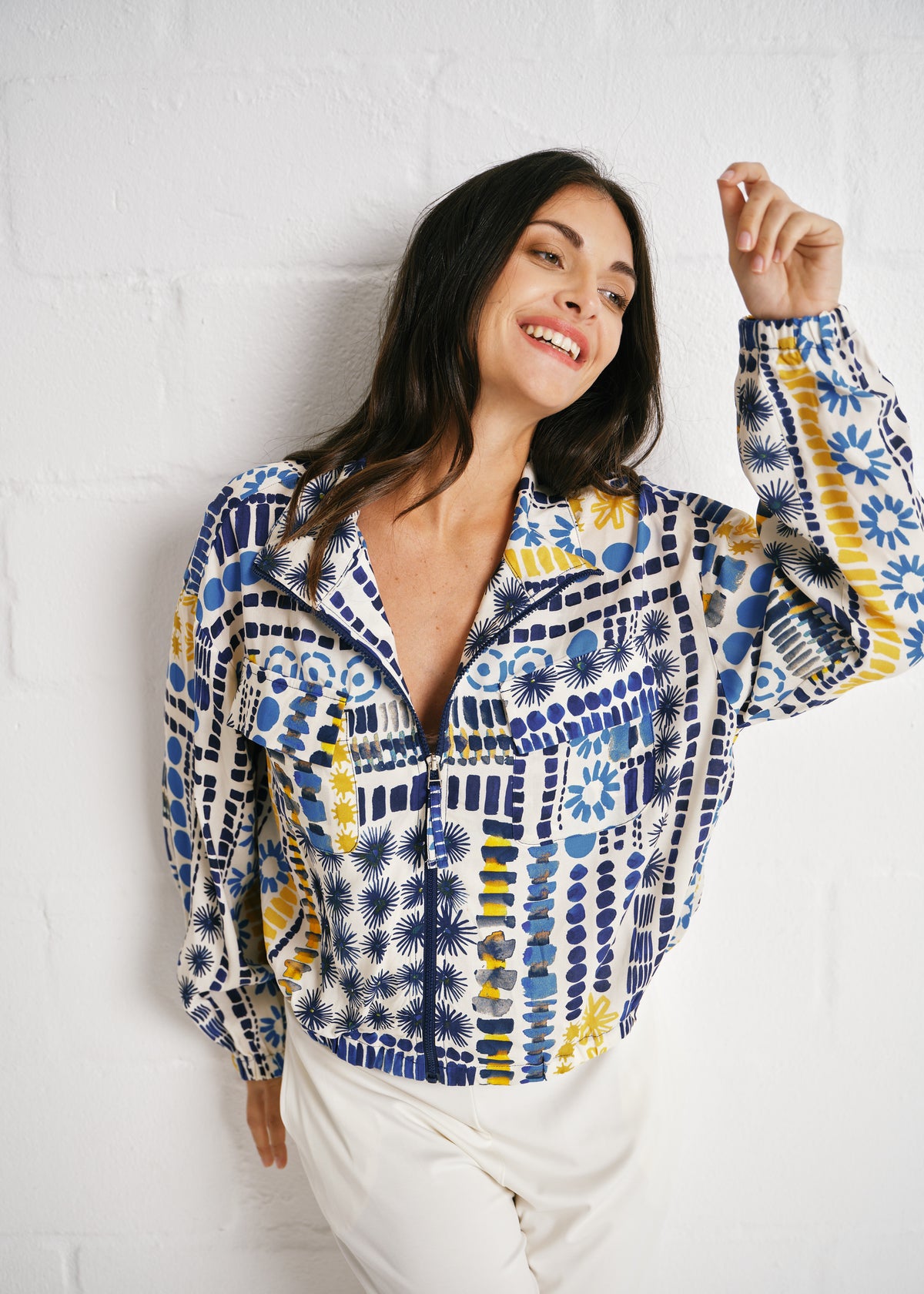 The Brushstroke Bomber Jacket With Abstract Print In Cream