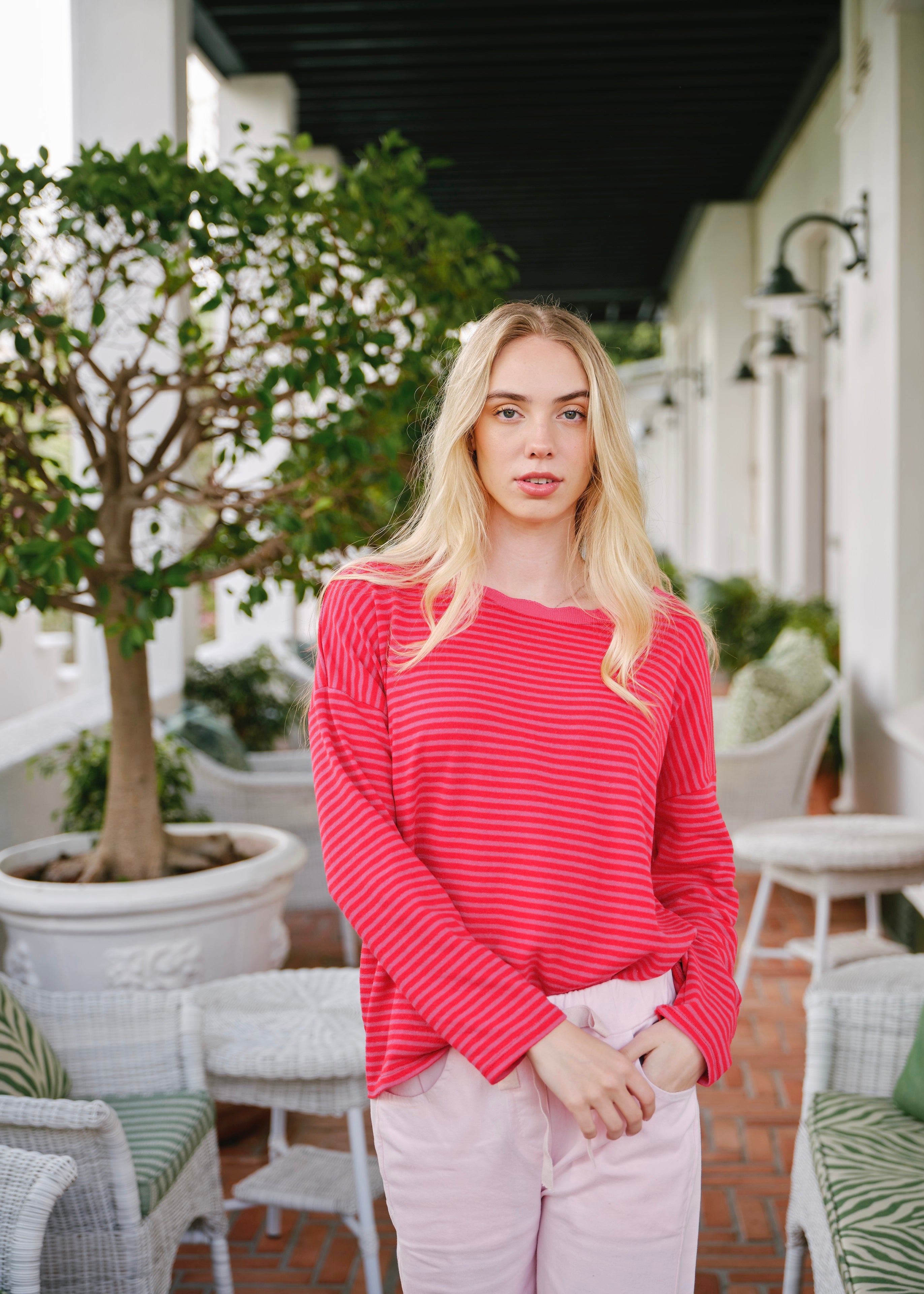 Bologna Italian Crew Neck Long Sleeved Striped Cotton Tee In Red