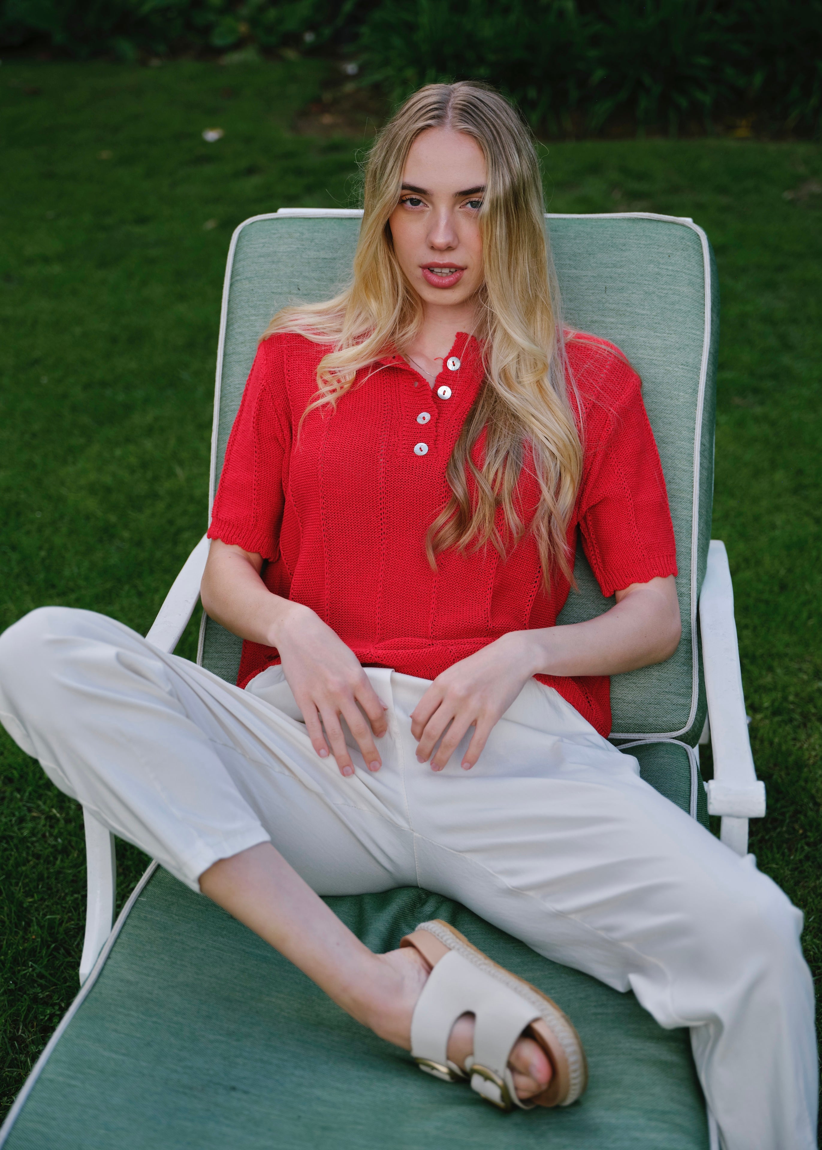 Mila Italian Loose Weave Knit Cotton Tee In Red