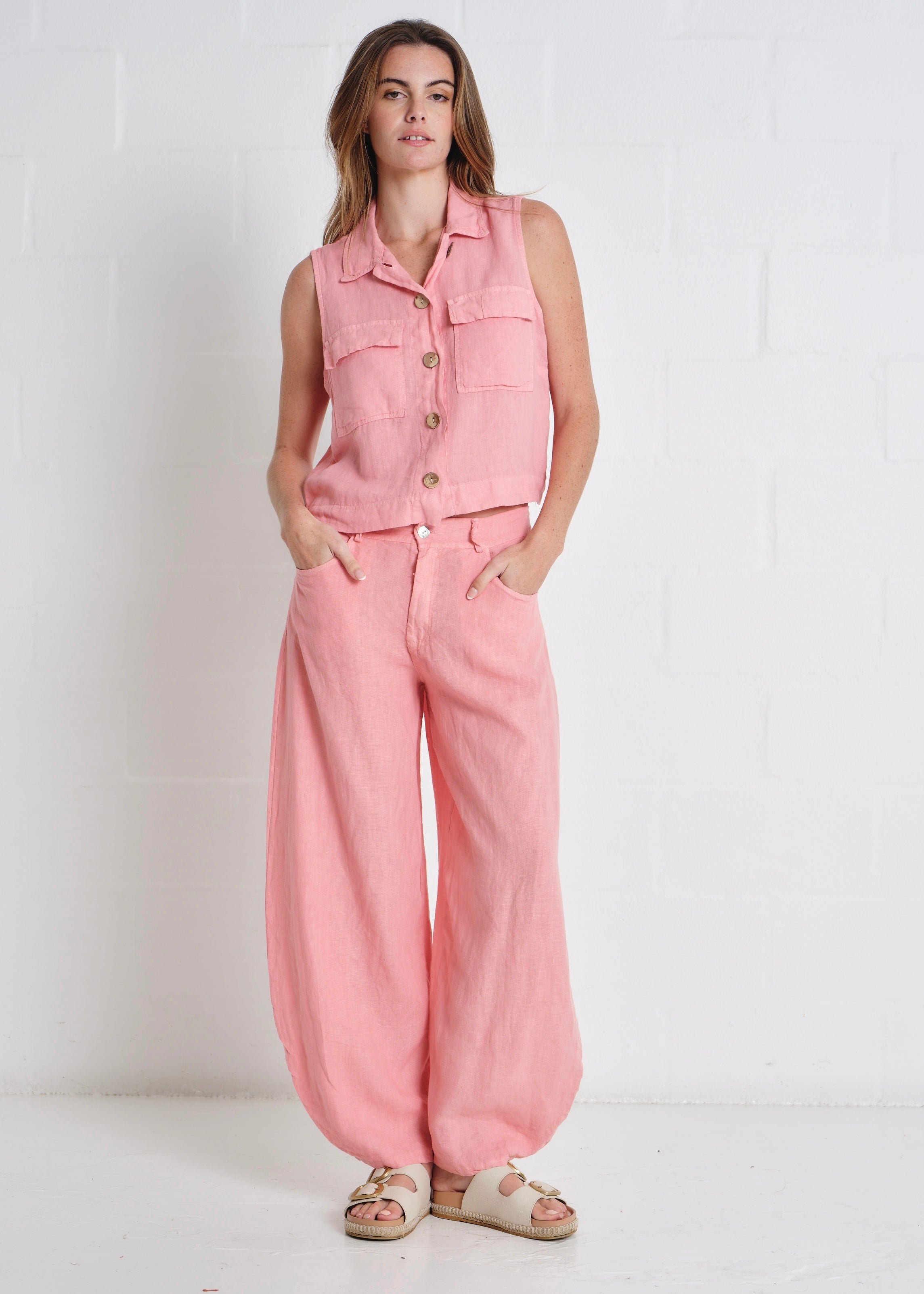Positano Linen Sleeveless Waistcoat In Guava Pink