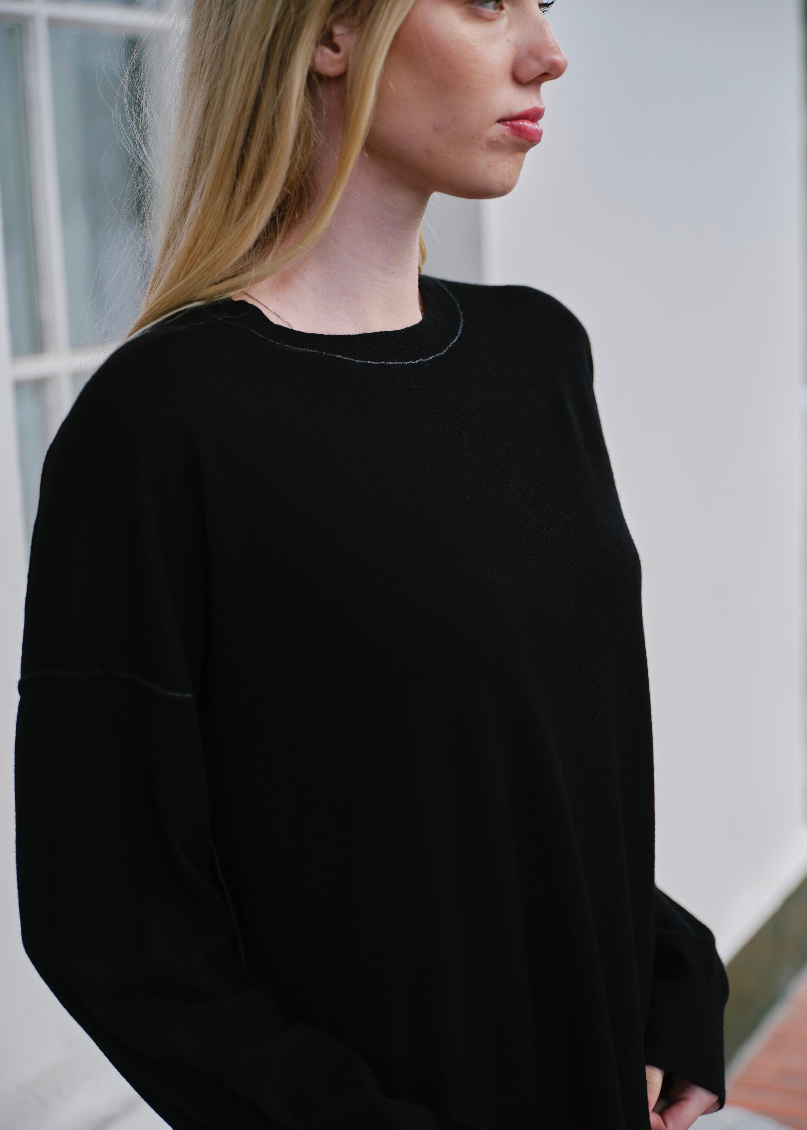Irvine Wool Blend Contrast Stitch Knit in Black