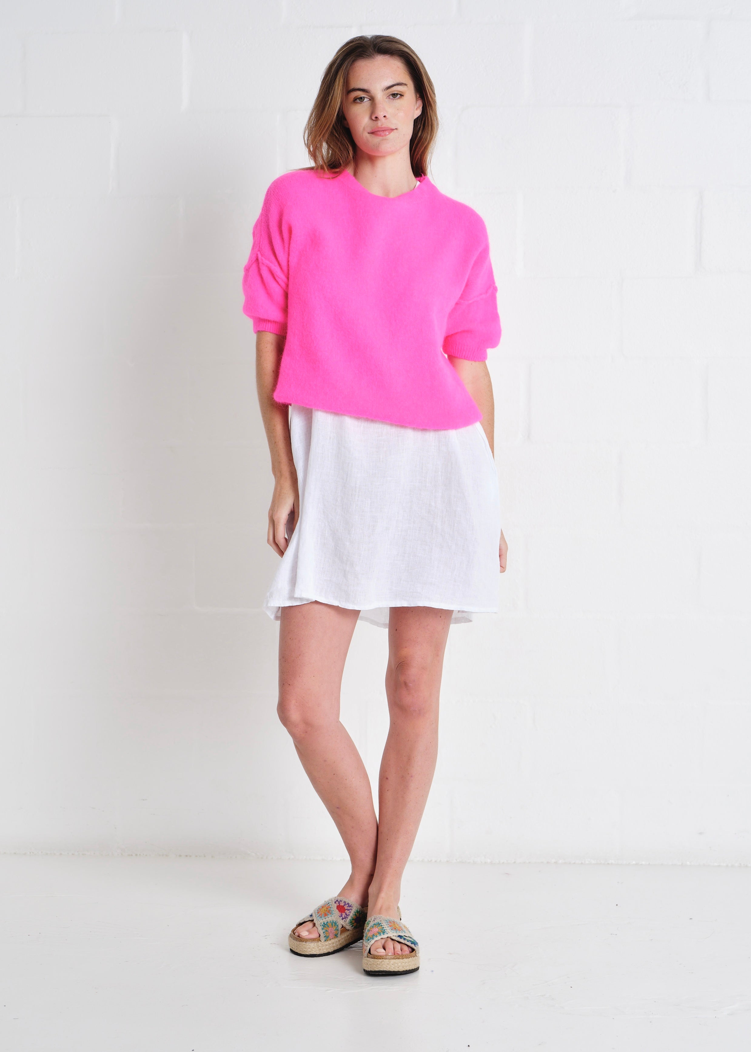 Dolly SS Round Neck Knit In Luminous Pink
