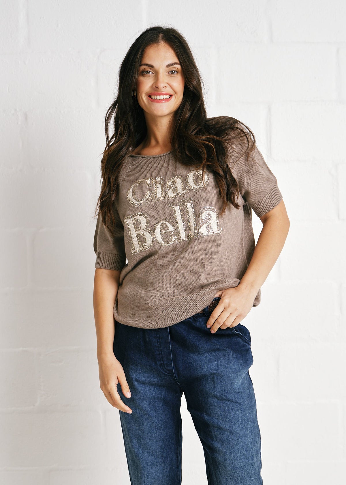 Ciao Bella Knit Beaded In Taupe