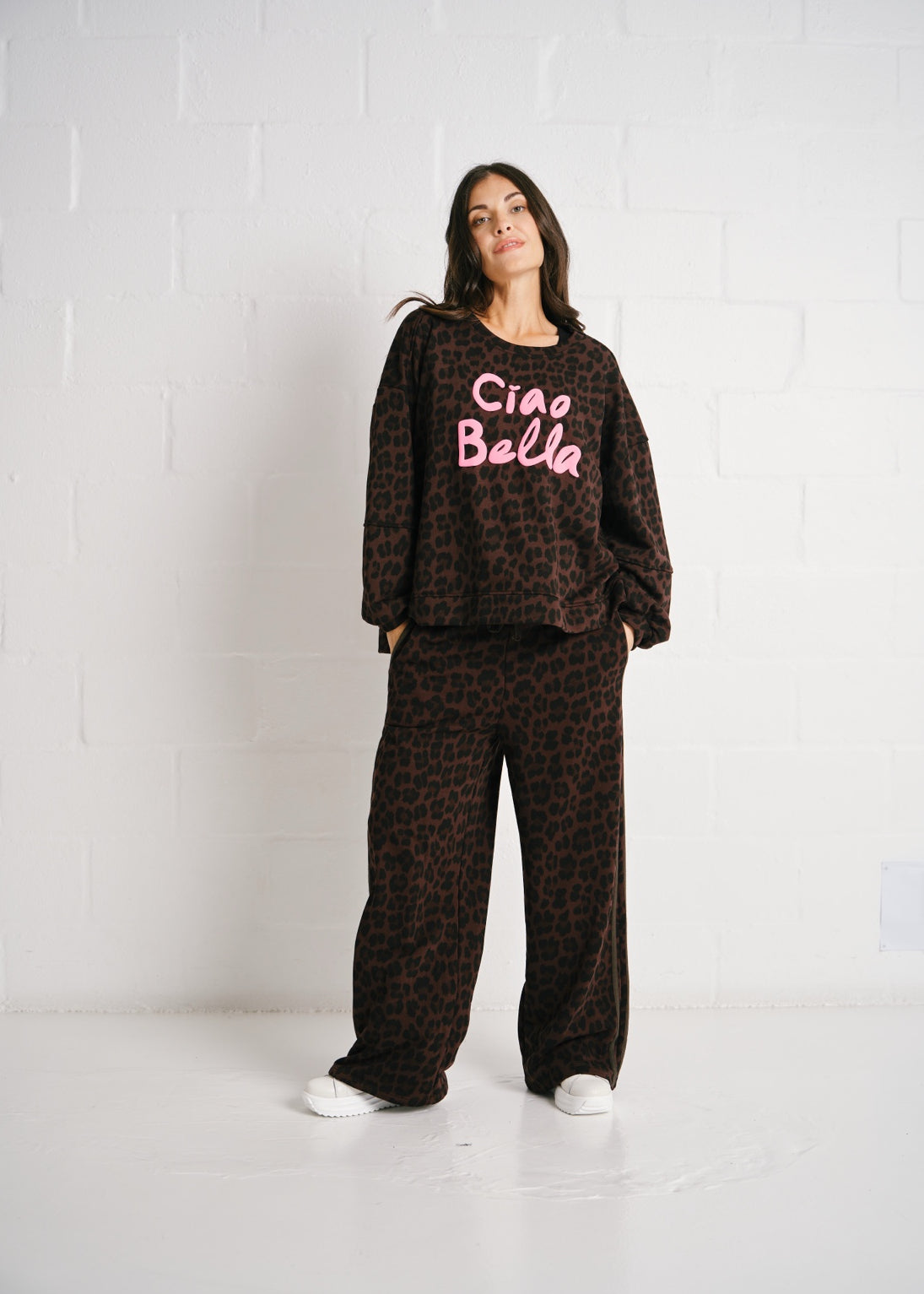 Bologna Ciao Bella Leopard Sweatshirt Pink Text In Brown