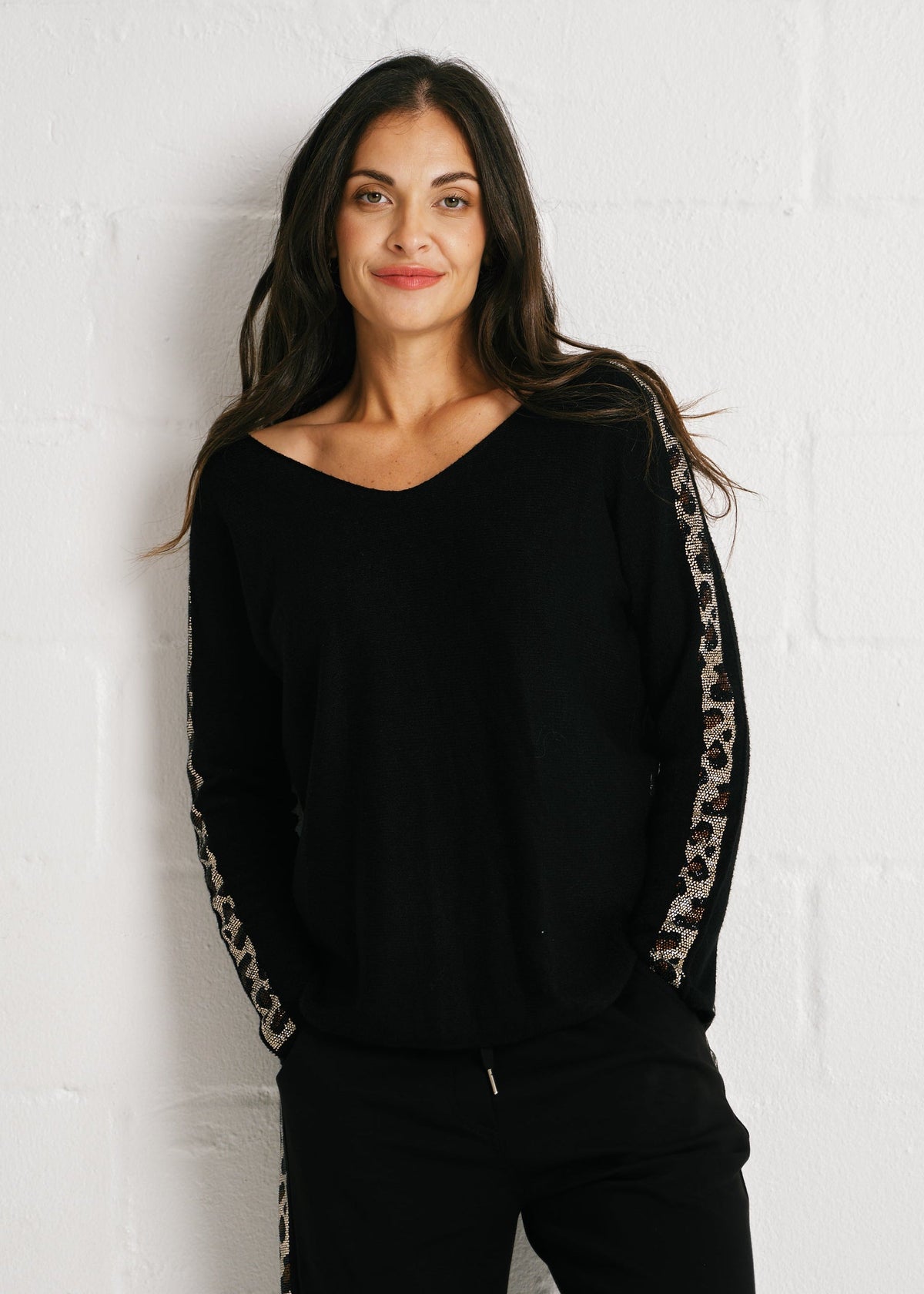 V Neck Knit, Diamanté Sleeve Edge In Black