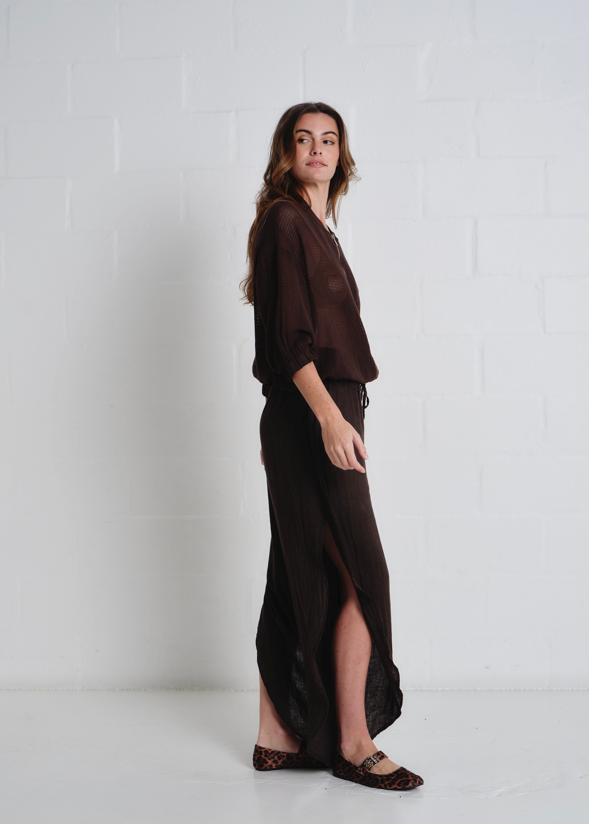 Saint Tropez Crochet Zip Up Jacket In Chocolate
