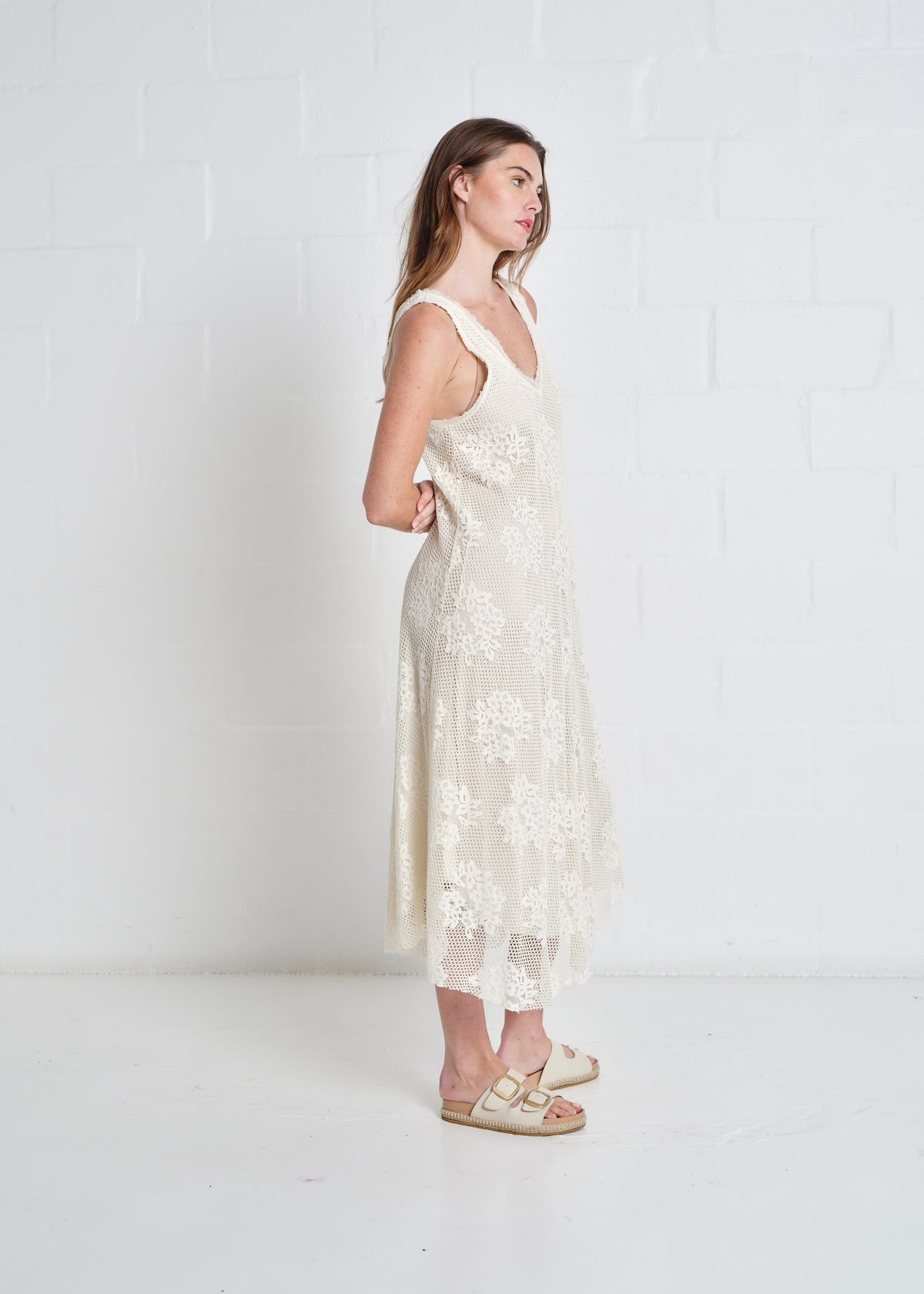 Antigua Crochet Maxi V neck Dress In Cream