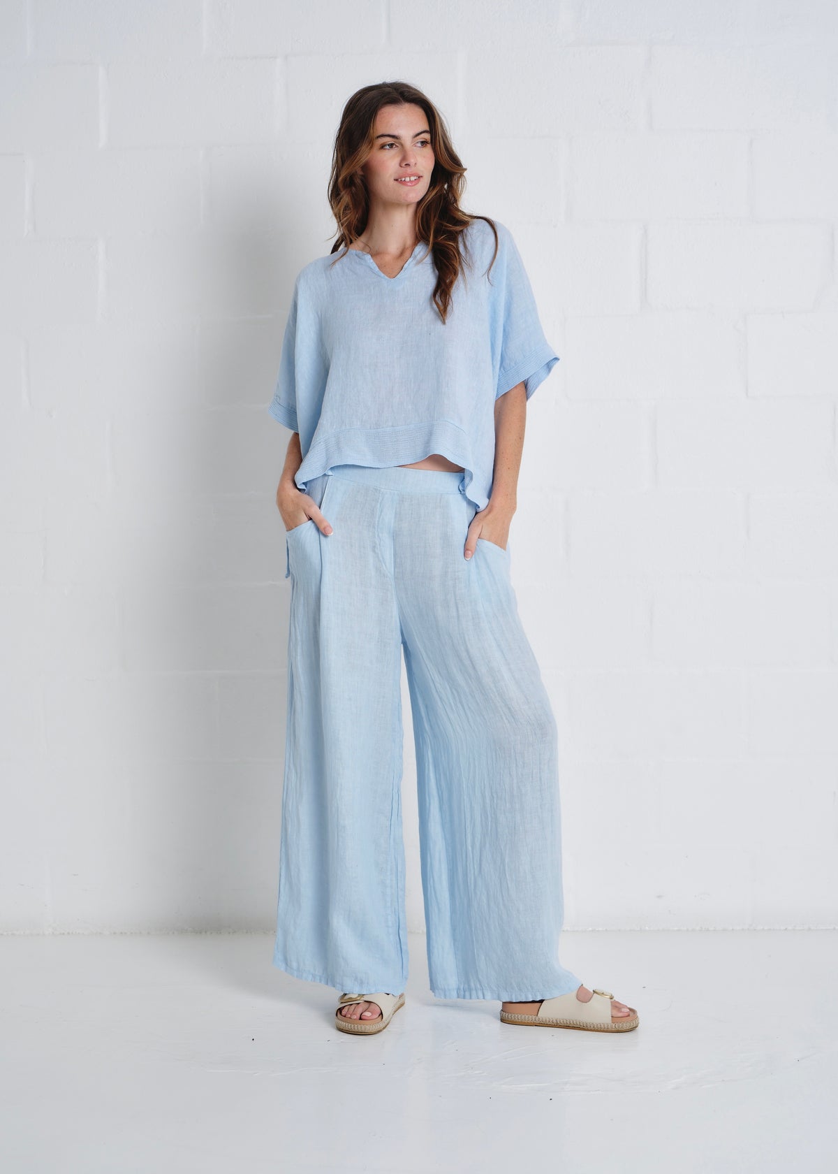 Havana Palazzo Pants With Pockets In Sky Blue