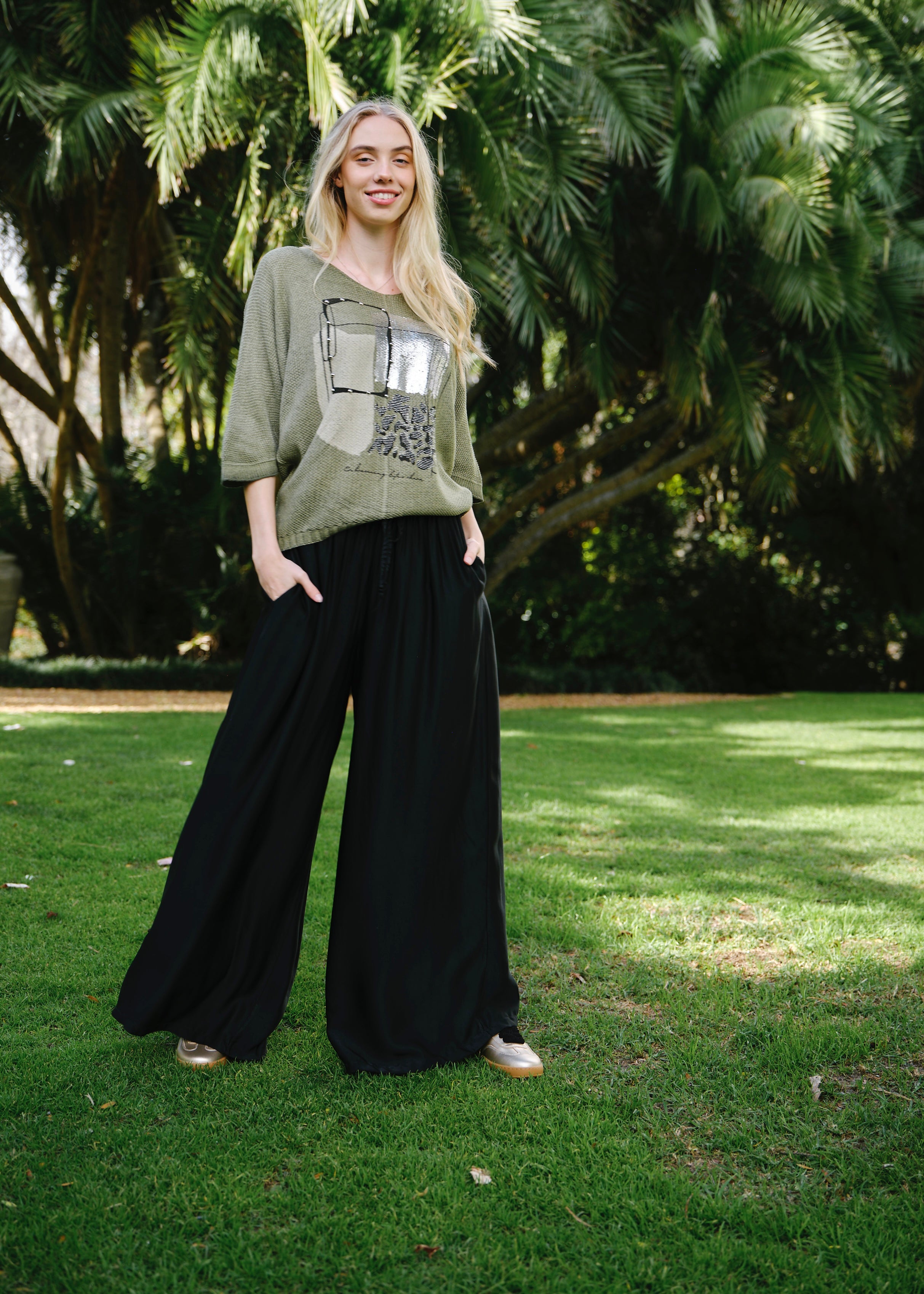 Satin Feel Palazzo Pants With Drawstring In Black