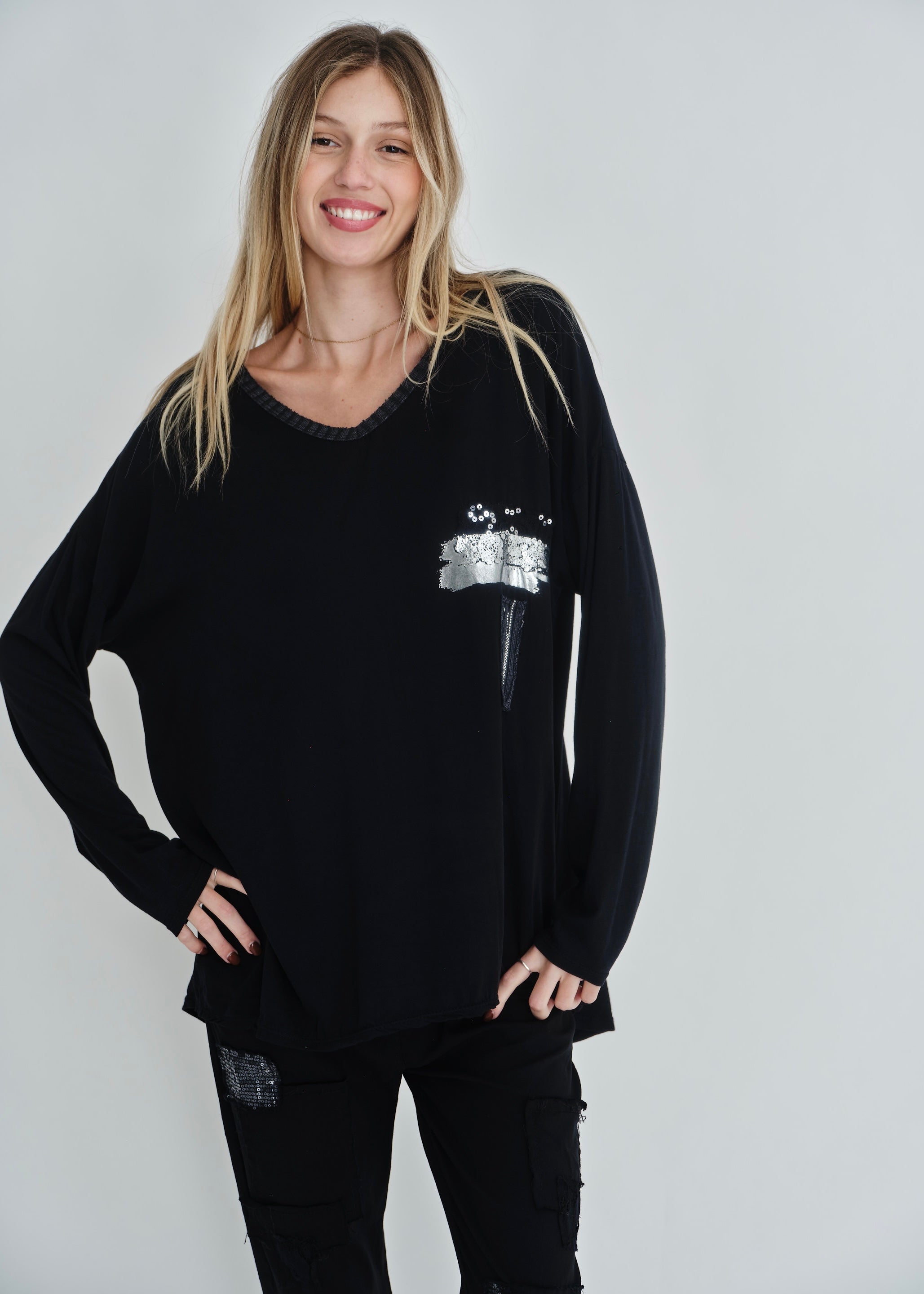 Silver-Sequin V-neck In Black