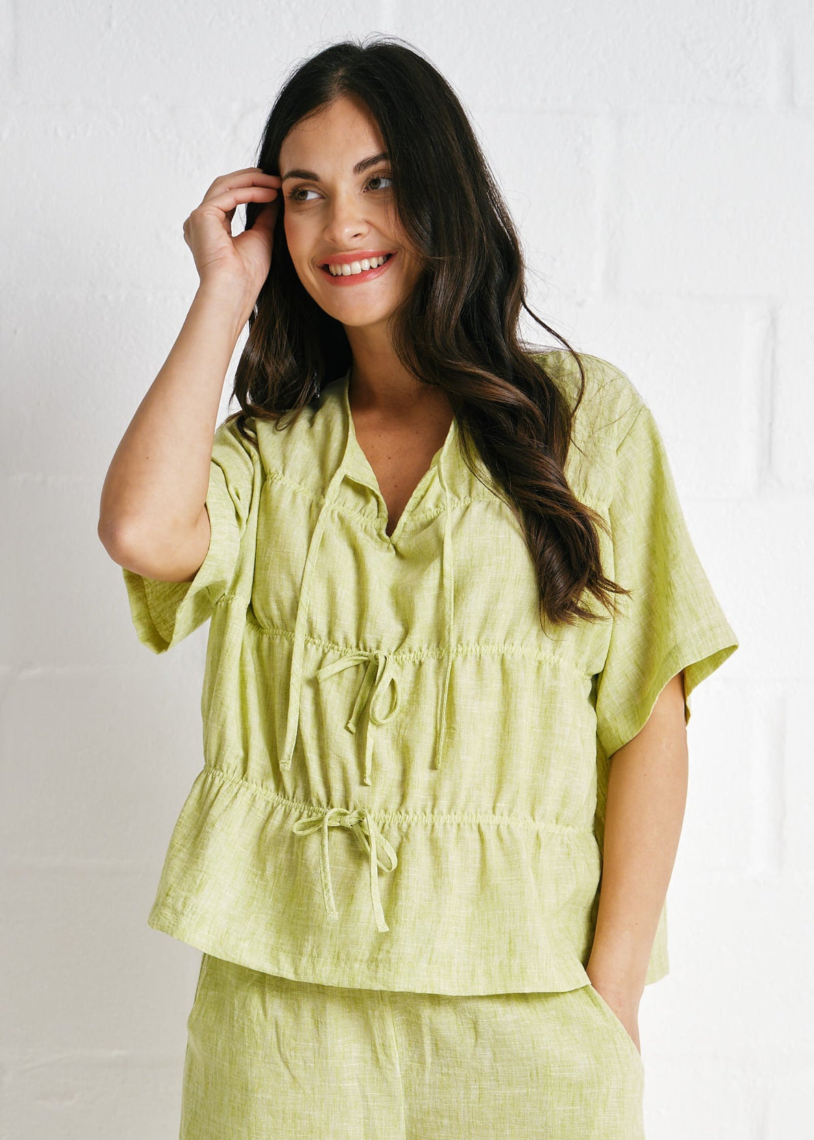 Tiered Tie-Front Linen Blend Top In Pistachio
