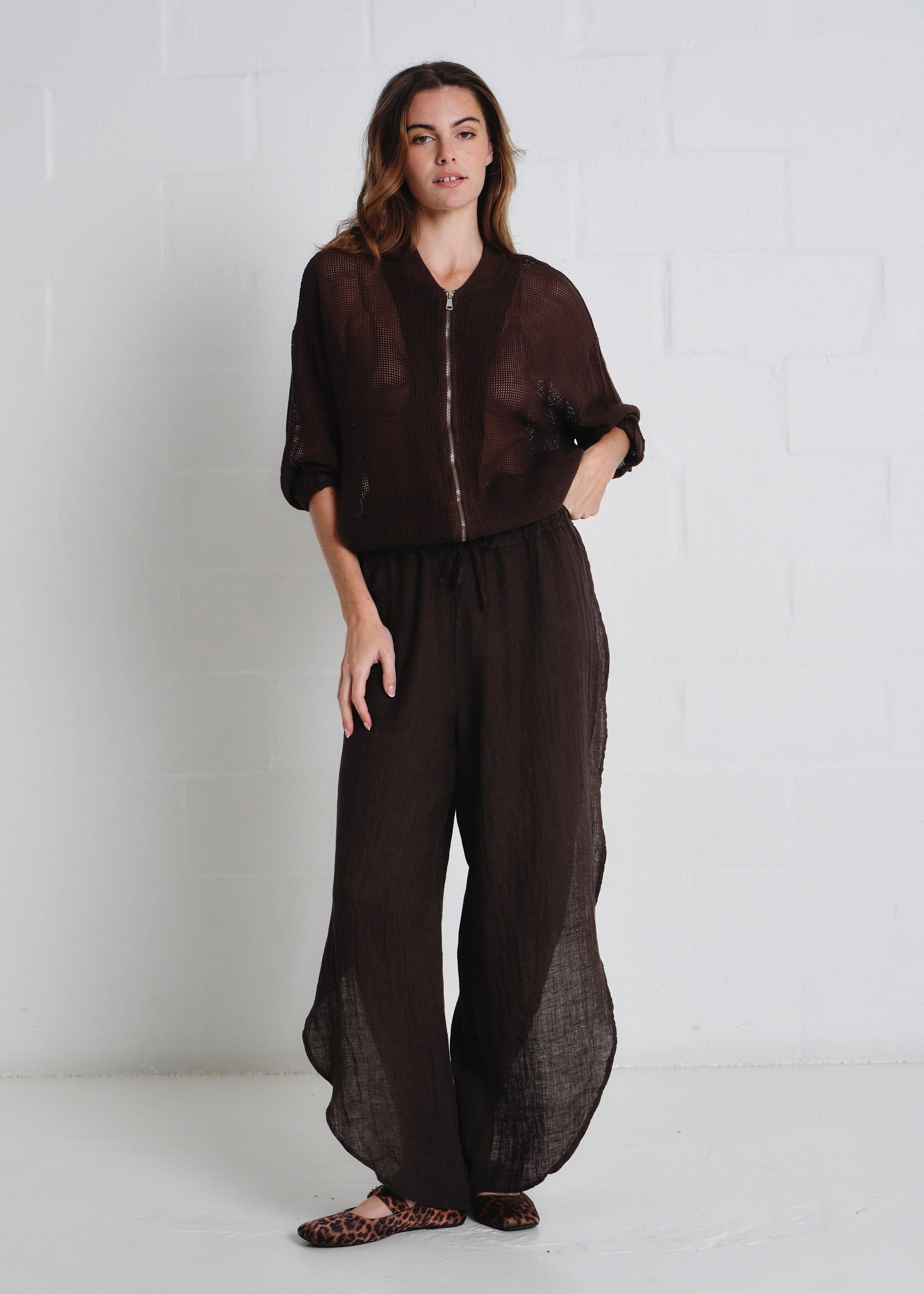 Saint Tropez Crochet Zip Up Jacket In Chocolate