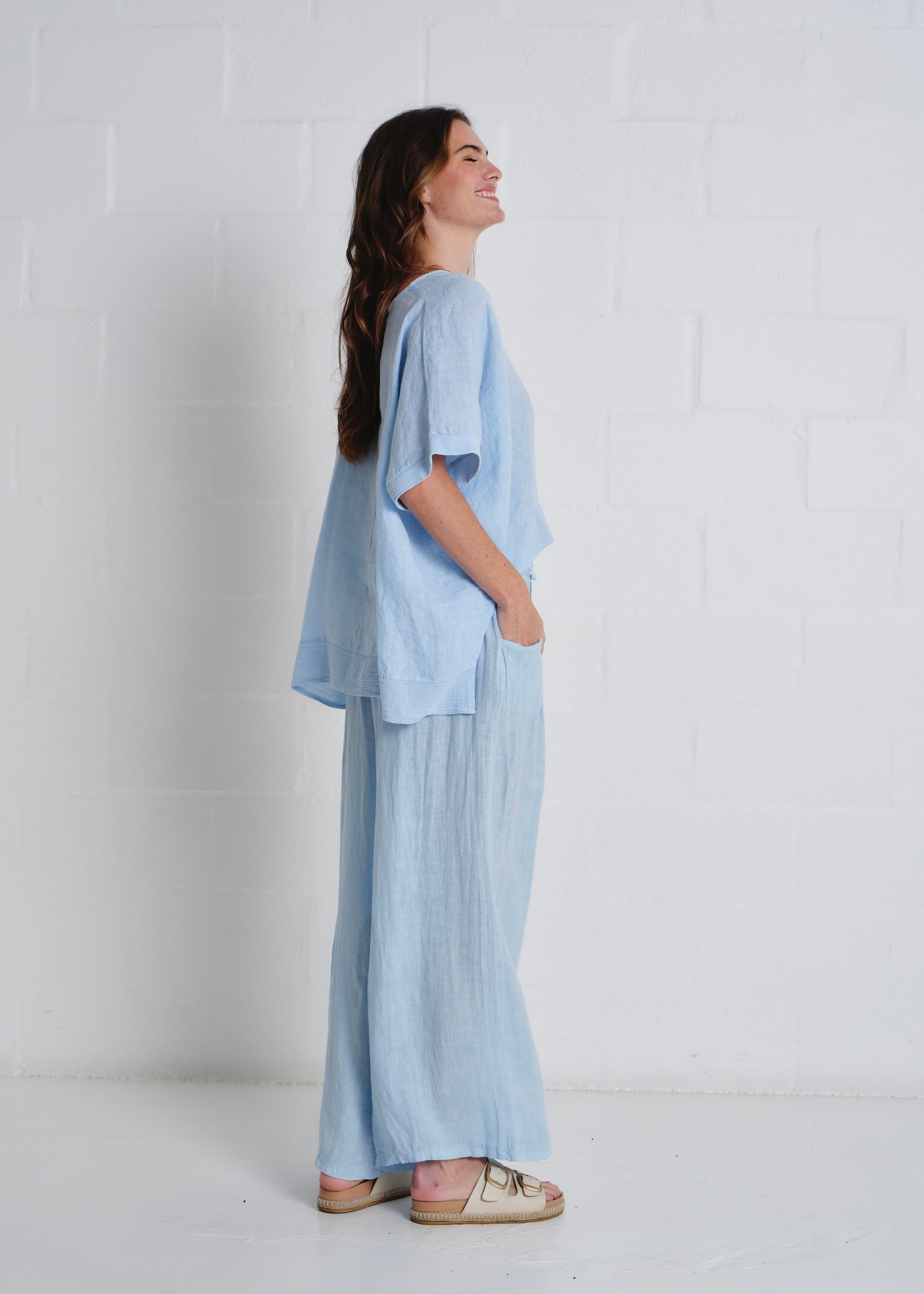 Havana Palazzo Pants With Pockets In Sky Blue