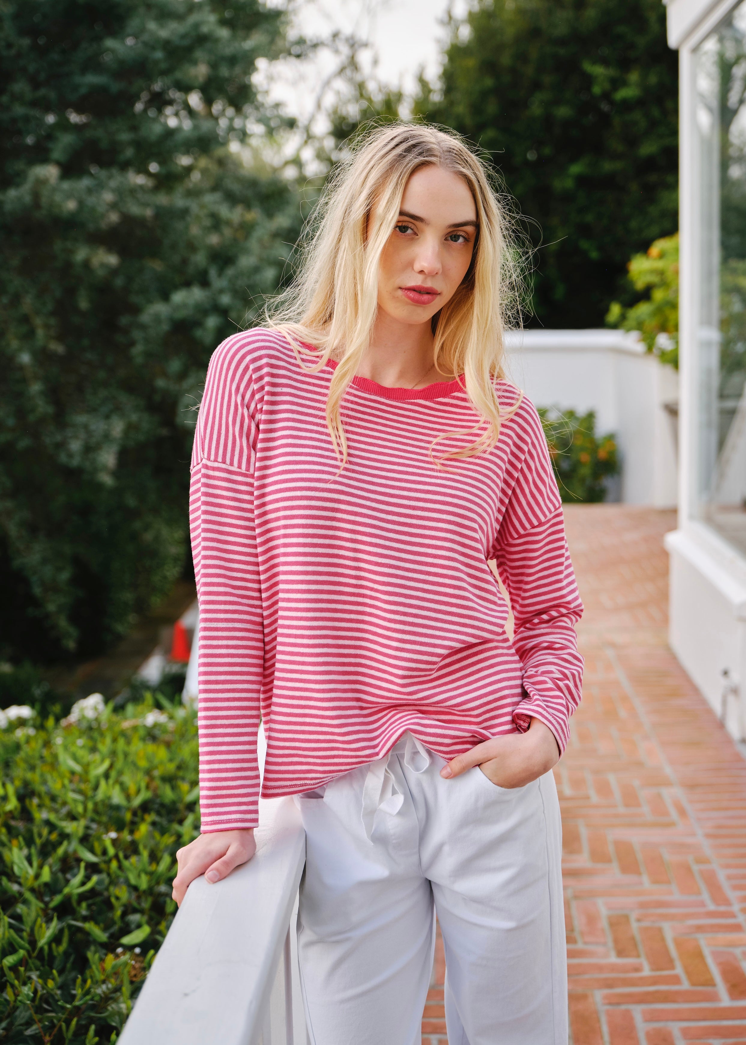 Bologna Italian Crew Neck Long Sleeved Striped Cotton Tee In Rose