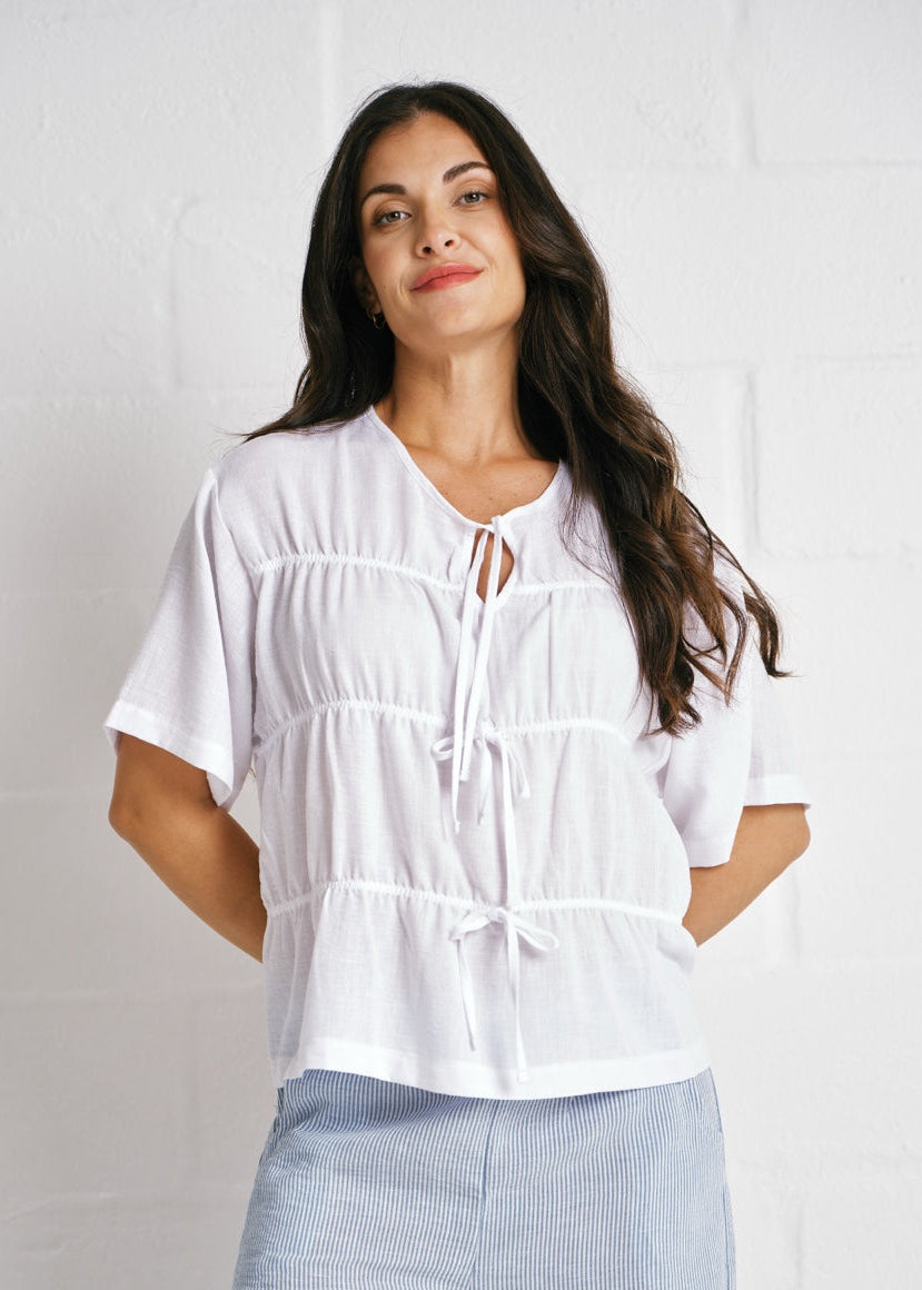Tiered Tie-Front Linen Blend Top In White