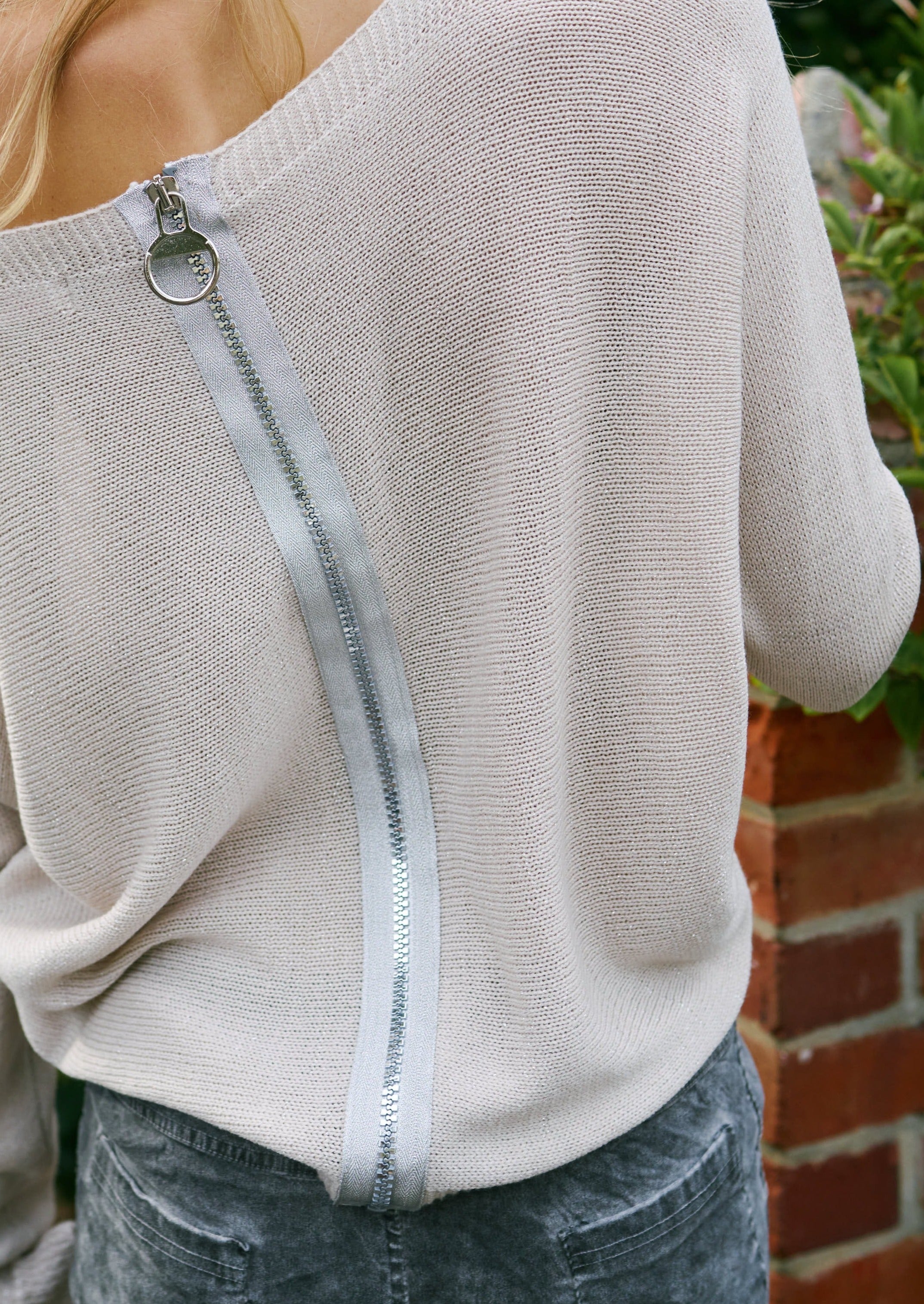 Italian Stonewashed Boatneck Knit with Zip Back In Cream