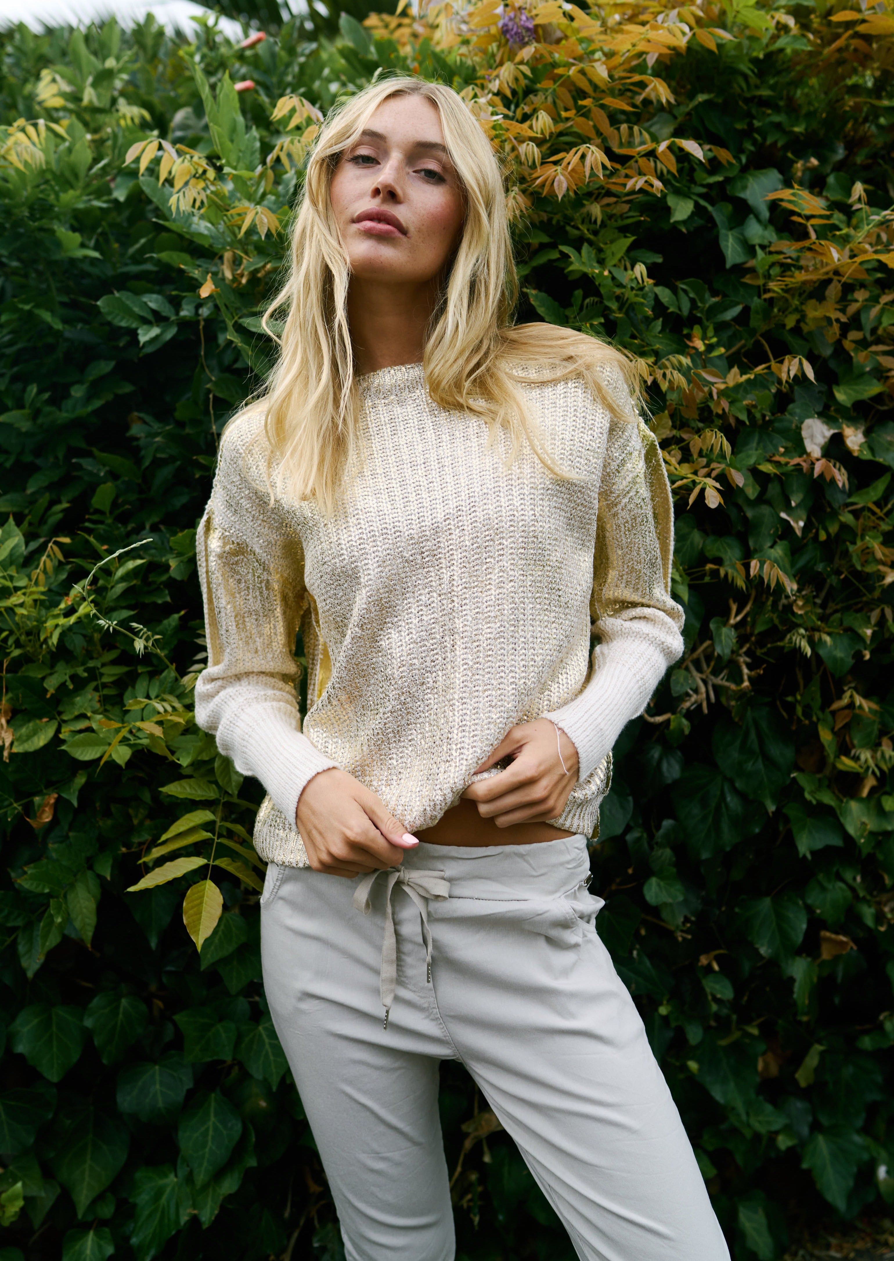 Italian Boat Neck Knit with Gold Foil in Cream