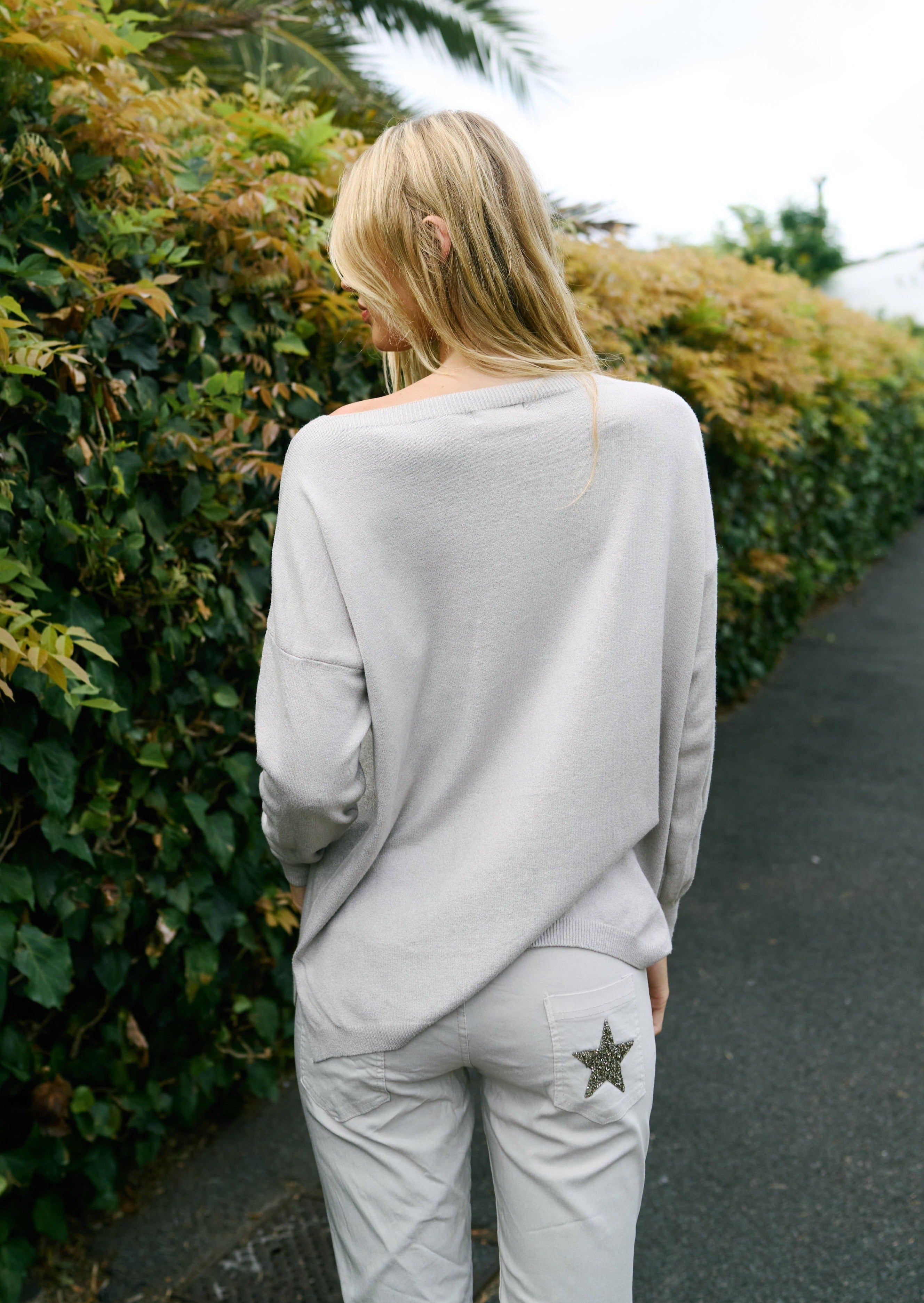 Italian Oversized Knit with Shimmer and Star In Cream