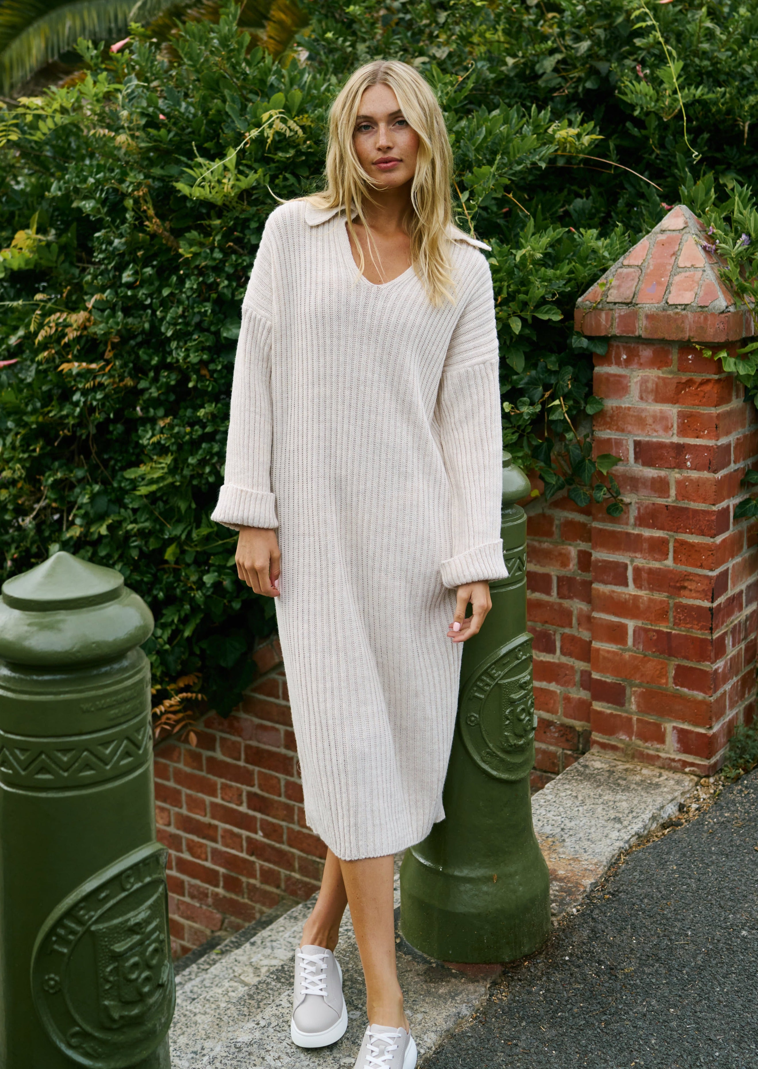 Italian V Neck Ribbed Knit Dress with Collar In Cream