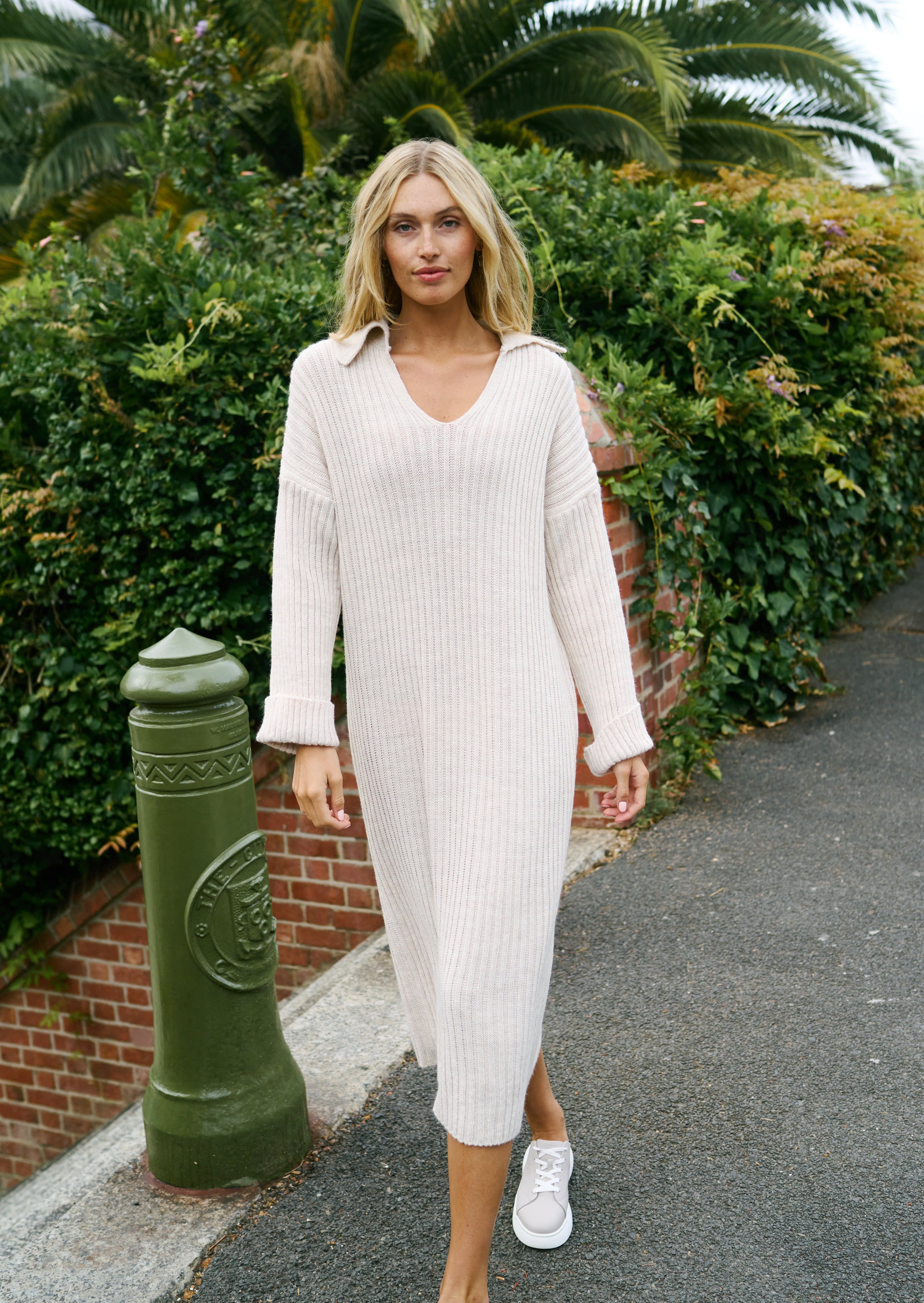 Italian V Neck Ribbed Knit Dress with Collar In Cream