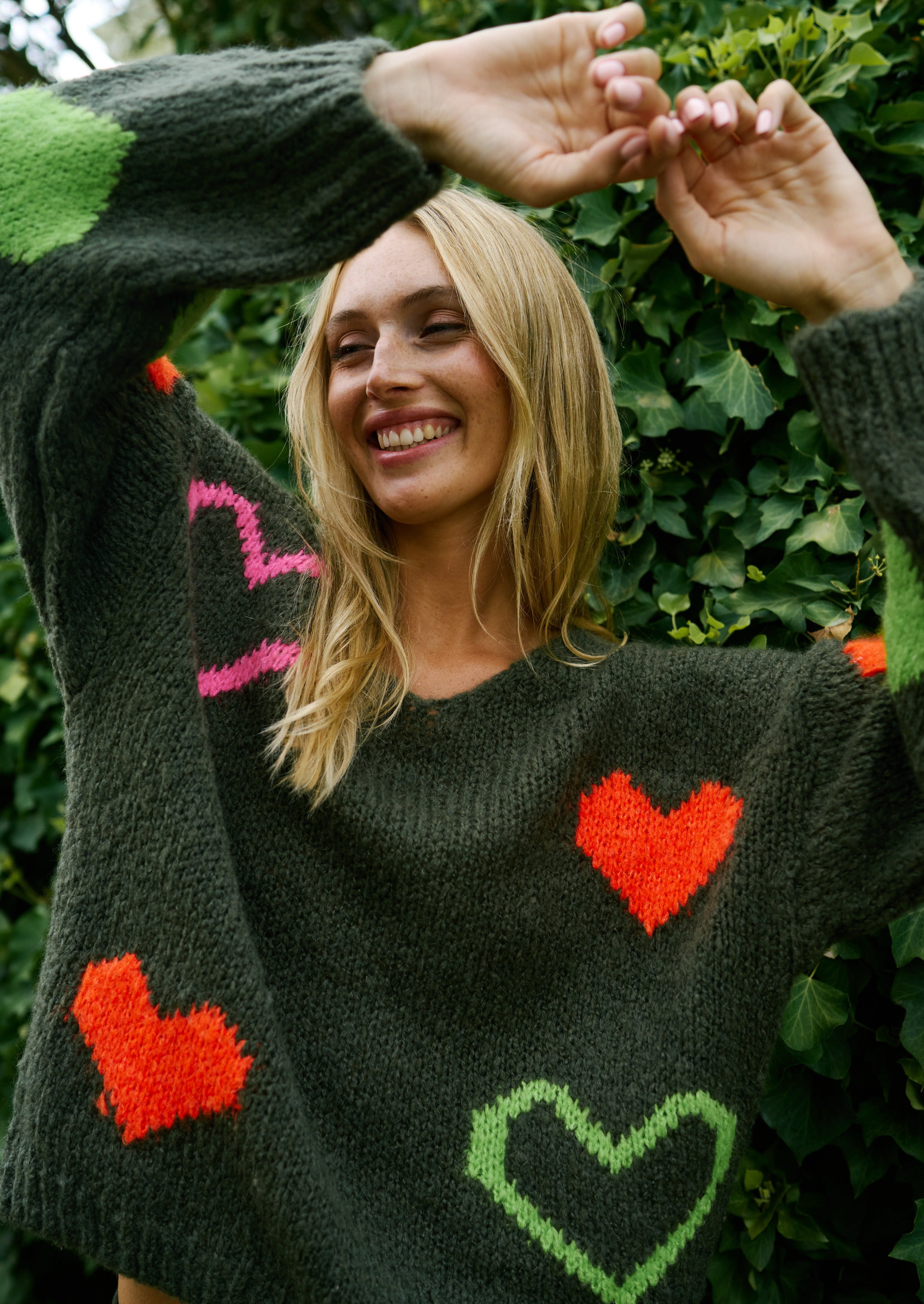 Italian Loose Weave Knit with Candy Colour Hearts In Khaki