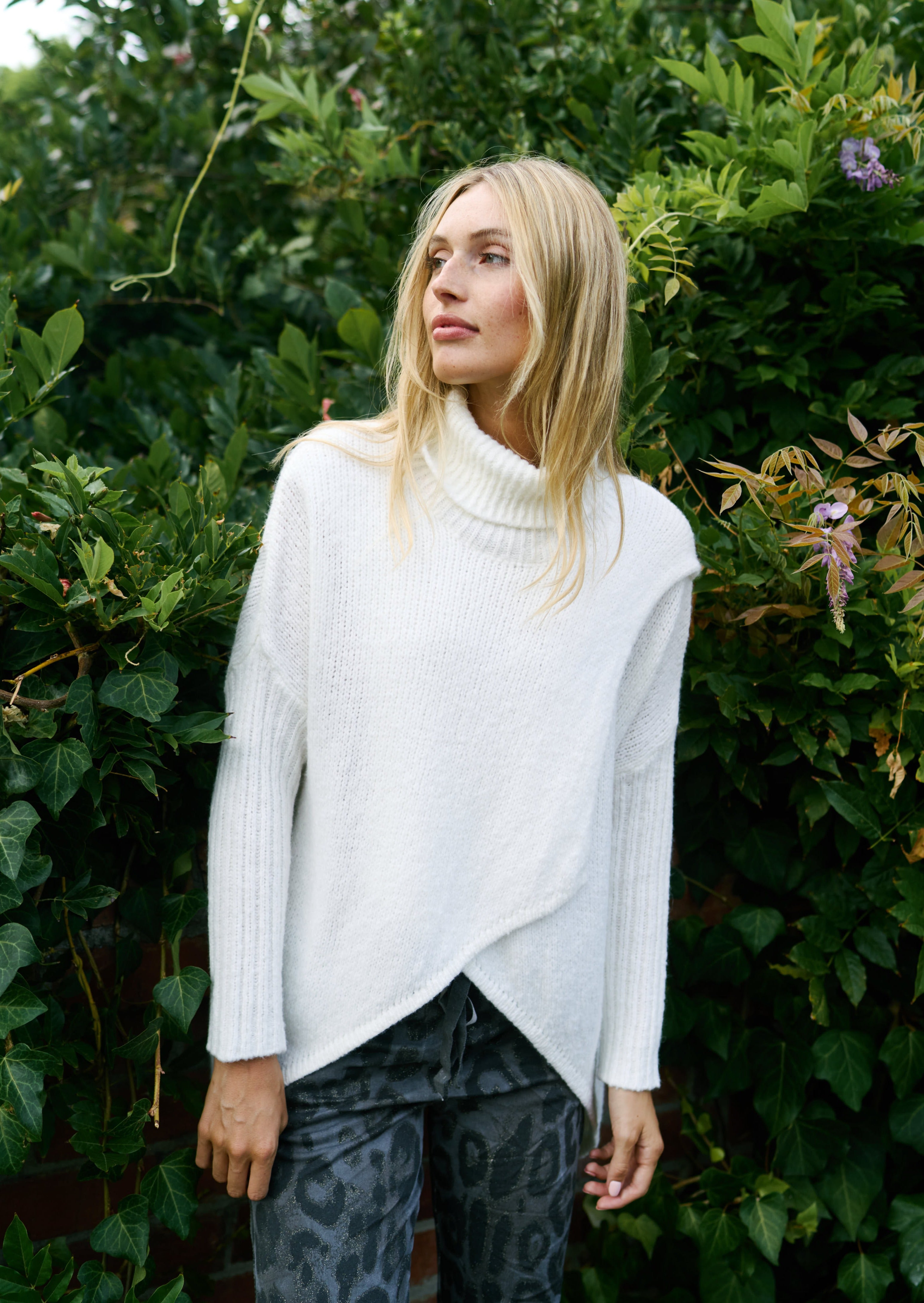 Italian Oversized Polo Neck Knit with Crossover Front In White